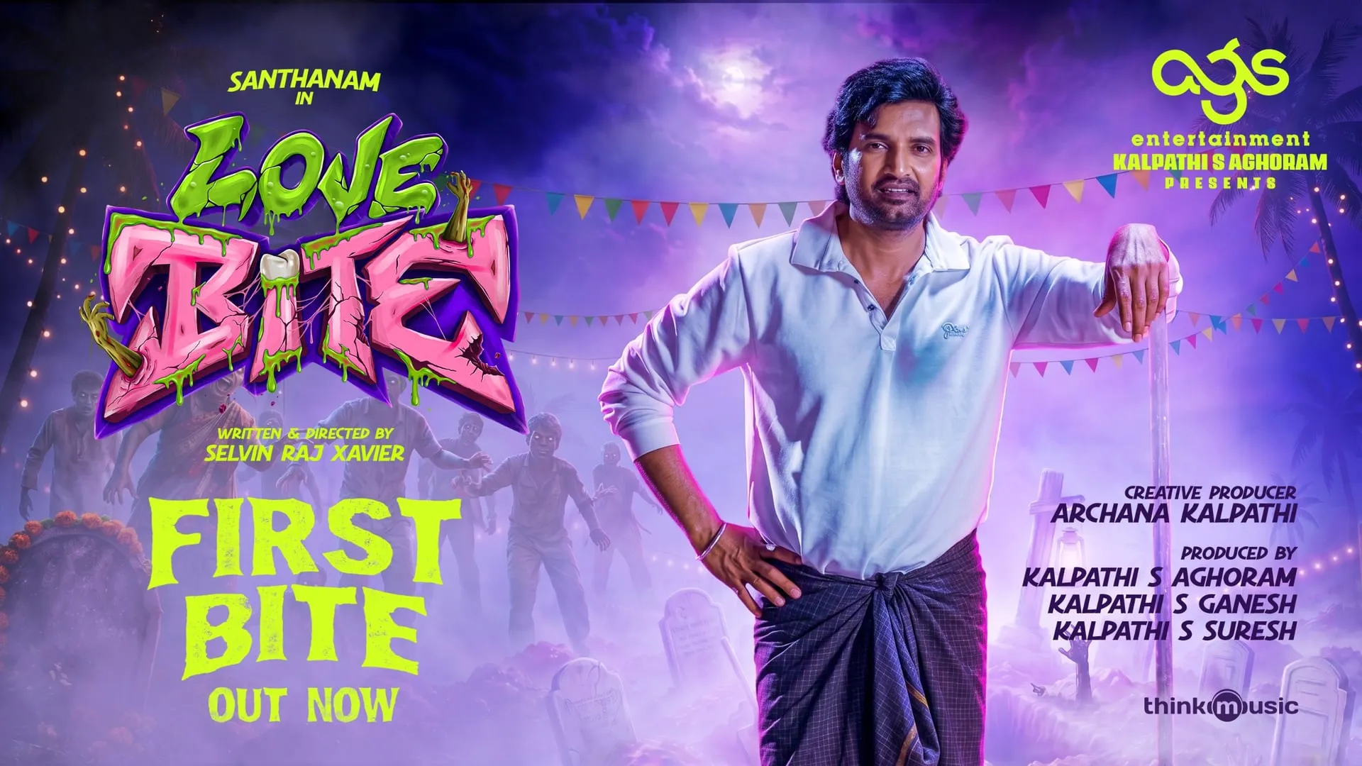 Love Bite First Bite poster: Santhanam in white shirt and checkered lungi at a graveyard with zombies and festoons in the background