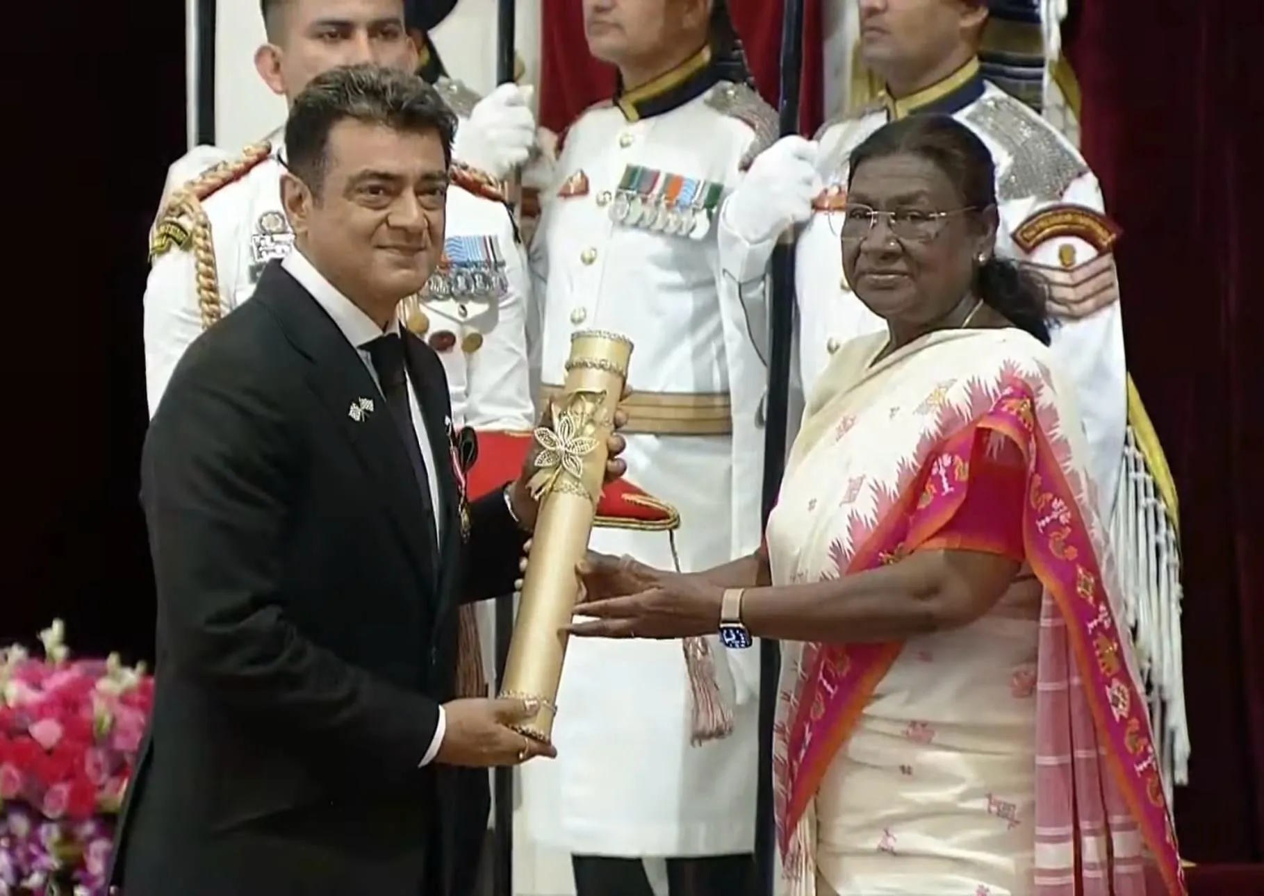 Ajith Kumar receiving the Padma Bhushan from President Droupadi Murmu