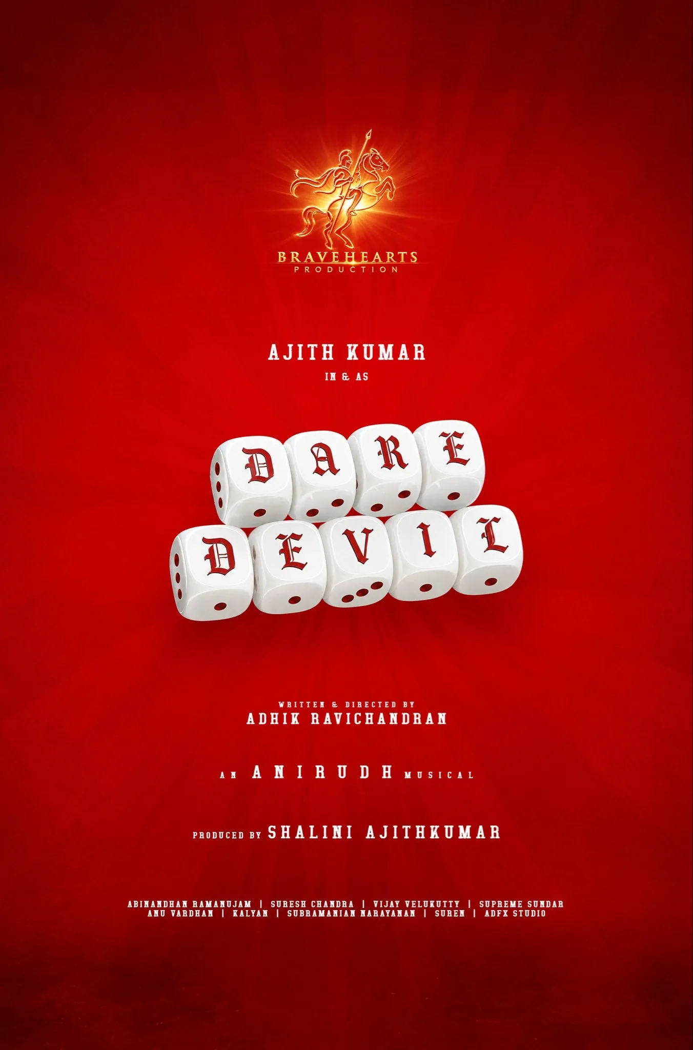 First-look poster for Dare Devil, Ajith Kumar's 64th film, with the title spelled out on white dice against a red background