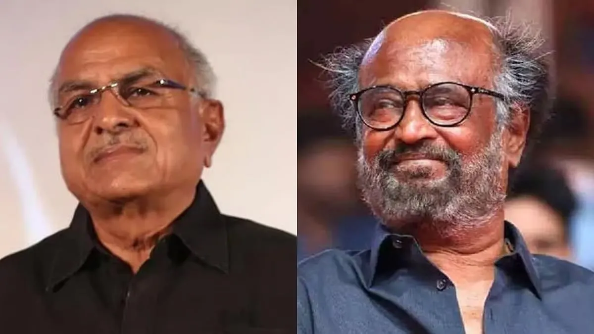 Side-by-side portraits of producer RB Choudary, in a black shirt and glasses, and Rajinikanth, in a navy shirt and round glasses.