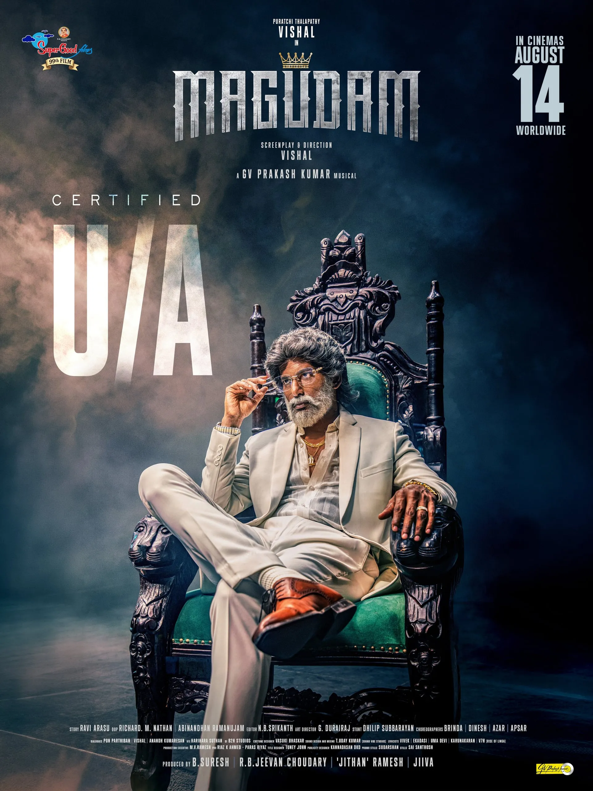 Magudam U/A certification poster with Vishal in an aged look on a throne, August 14 release date