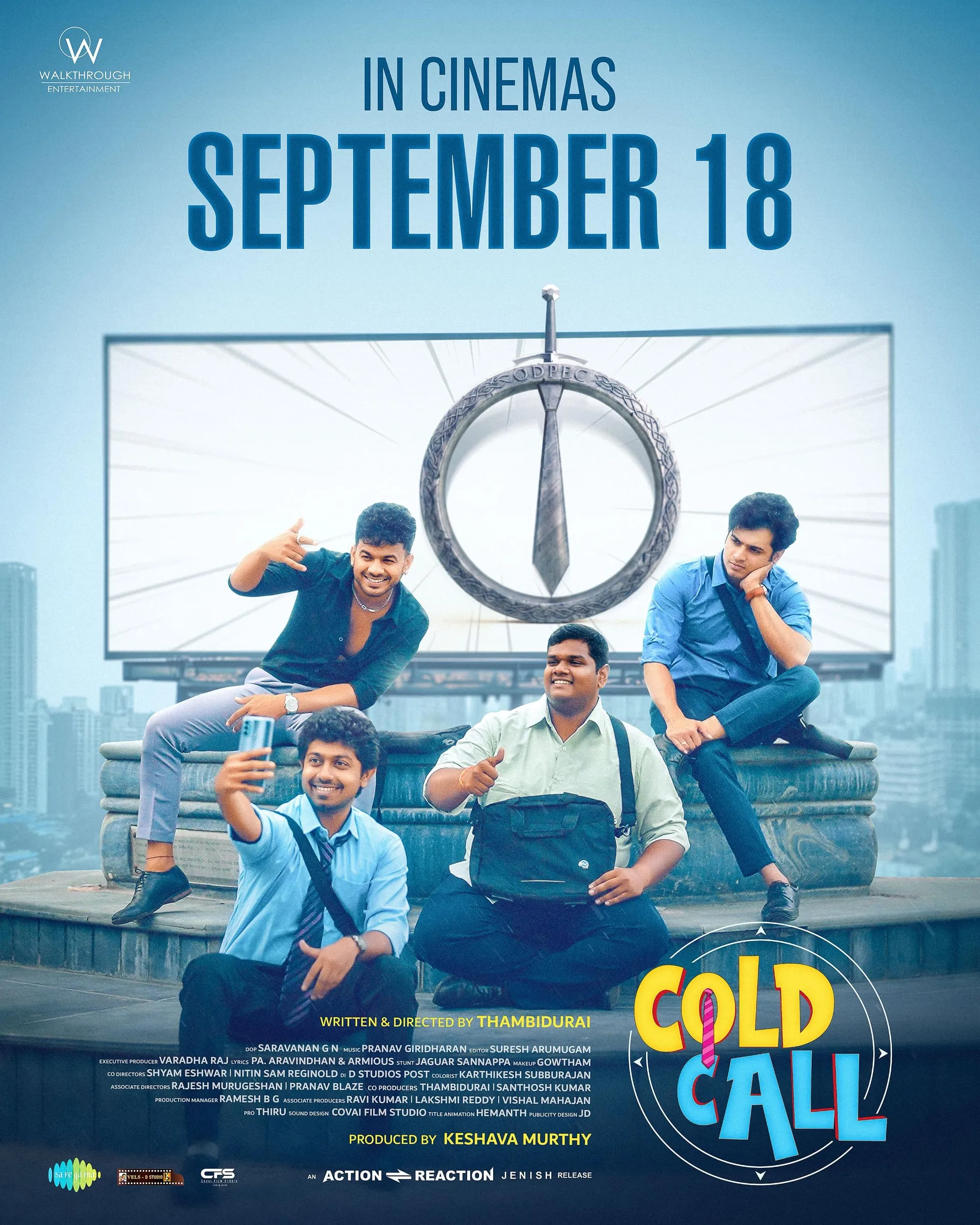 Cold Call release poster: four young men in office shirts and lanyards lounge on a rooftop ledge in front of a giant billboard, with the September 18 date above them