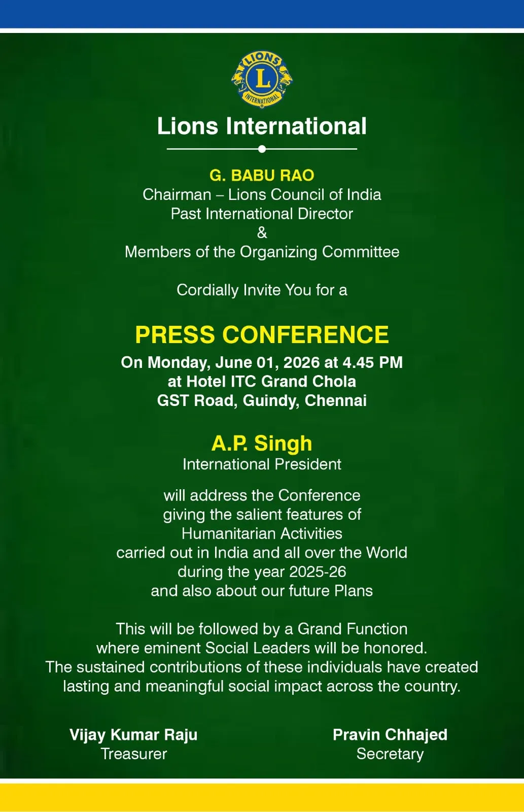 Lions Council of India invitation for its national awards event in Chennai on June 1, 2026