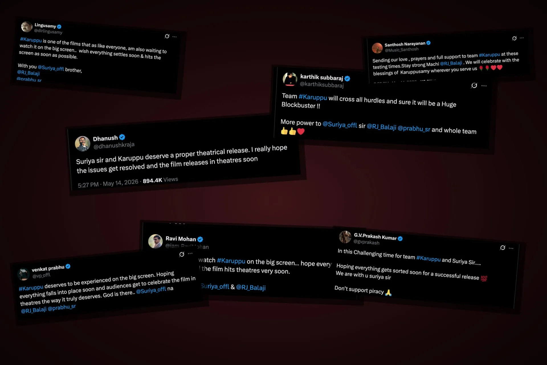 Collage of X posts from Tamil cinema names backing Karuppu after the Tamil Nadu release-day cancellations and the Qube unauthorised-screening row.