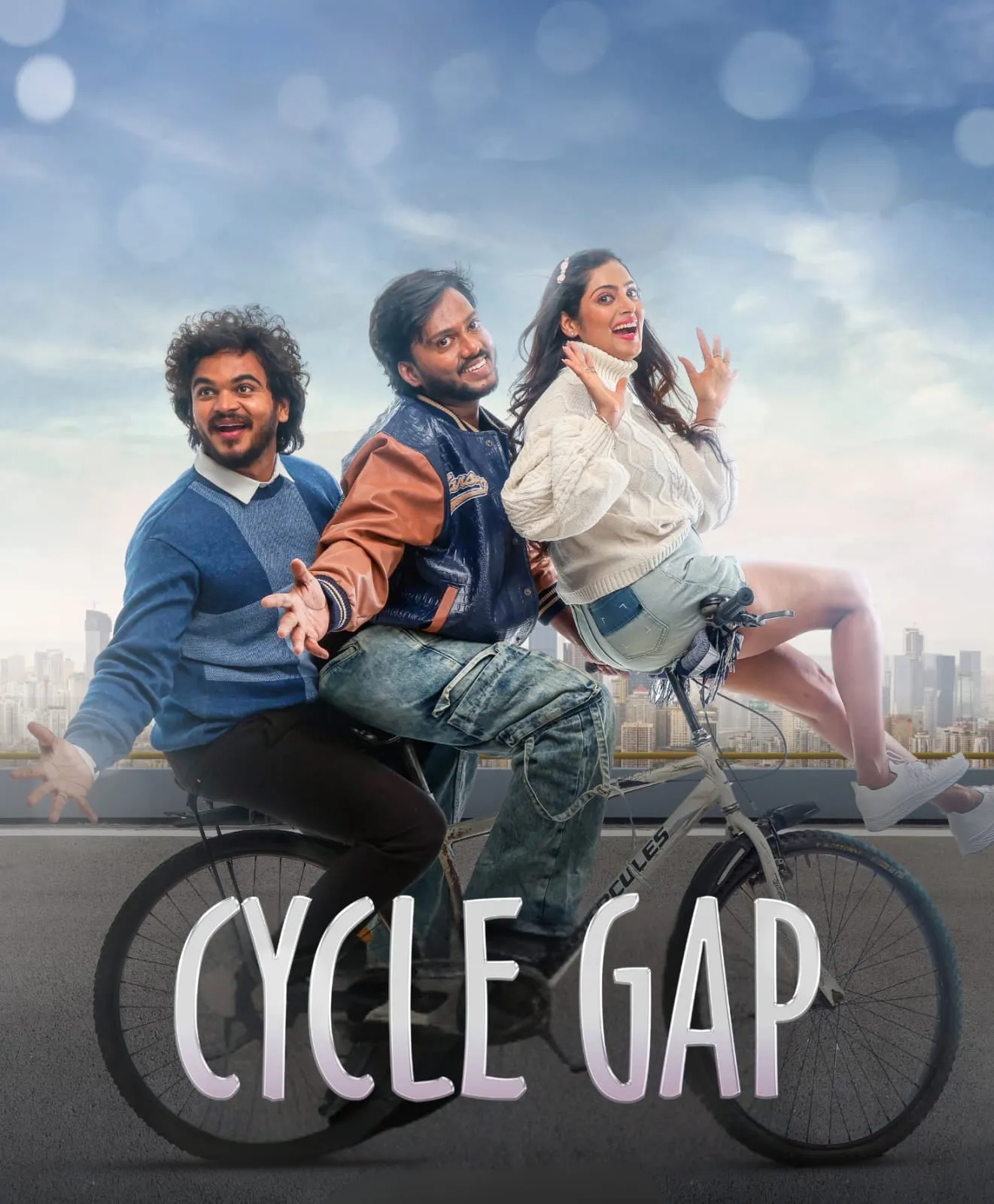 Cycle Gap poster with Nawaz, Sherry Agarwal and Prabhu Shasta sharing a single Hercules cycle against a city skyline