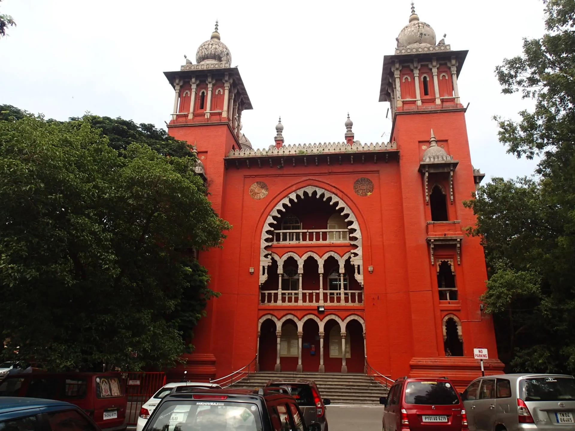 The red Indo-Saracenic facade of the Madras High Court building in Chennai