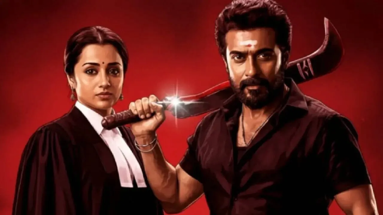 Karuppu key art with Trisha Krishnan as the lawyer in black robes and white collar beside Suriya in the Karuppu avatar holding an aruval against a deep red backdrop