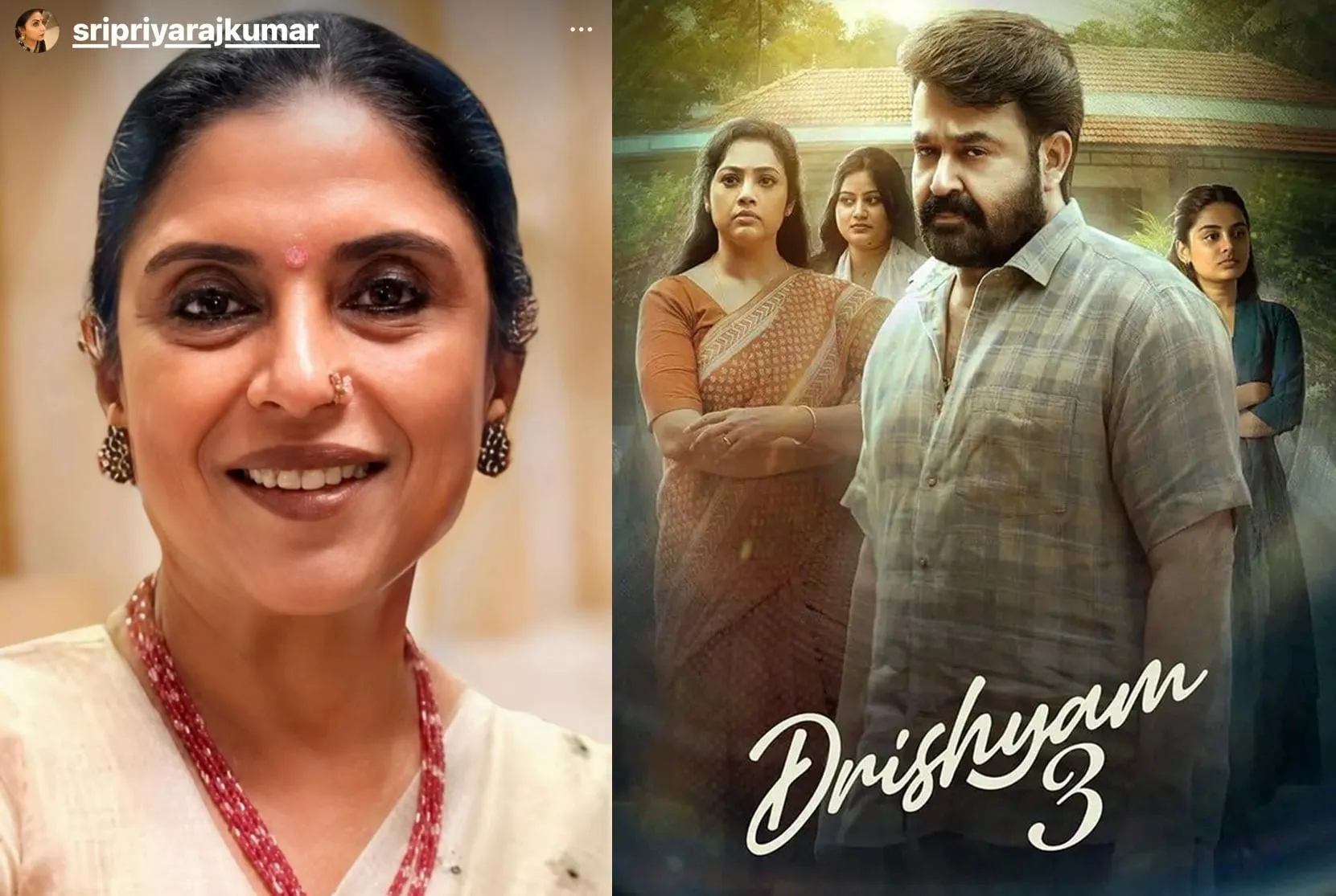 Composite image of actress and producer Sripriya Sethupathy of Rajkumar Theatres on the left and the Drishyam 3 poster on the right showing Mohanlal and the film's lead cast