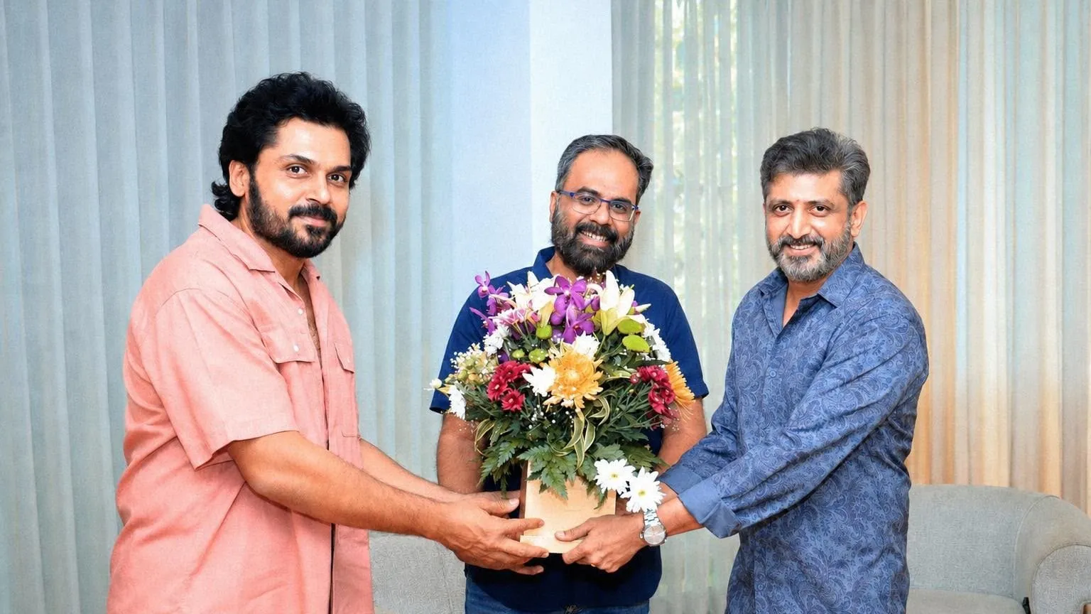 Karthi with director Mohan Raja and producer S. Lakshman Kumar at the announcement of their new film for Prince Pictures