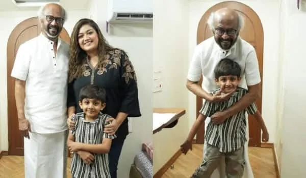 Two-panel image. Left: Rajinikanth with Meghana Raj and her young son posed together. Right: Rajinikanth playfully bending over the boy