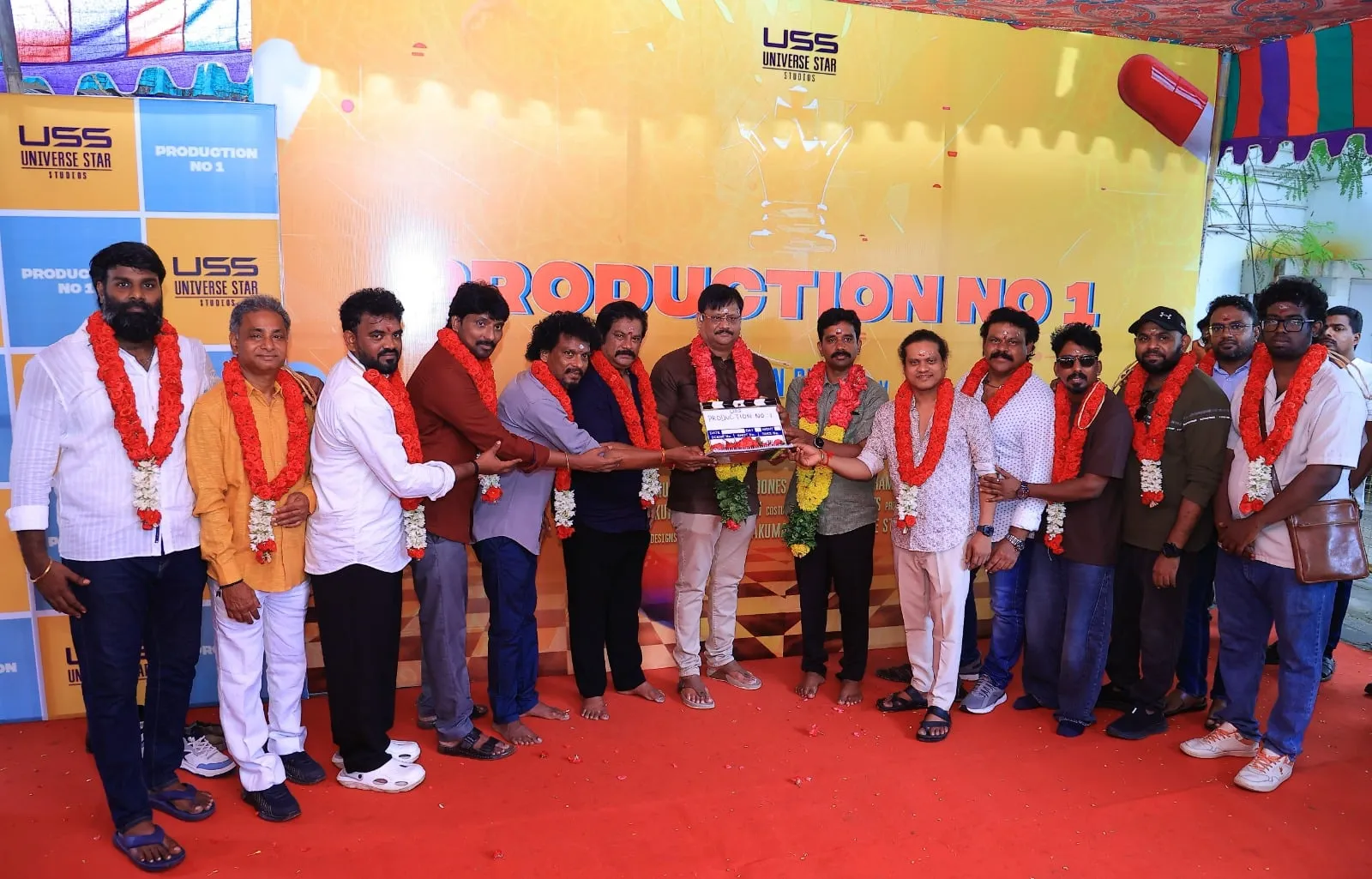 The cast and crew of Universe Star Studios' Production No 1 at the film's pooja in Chennai