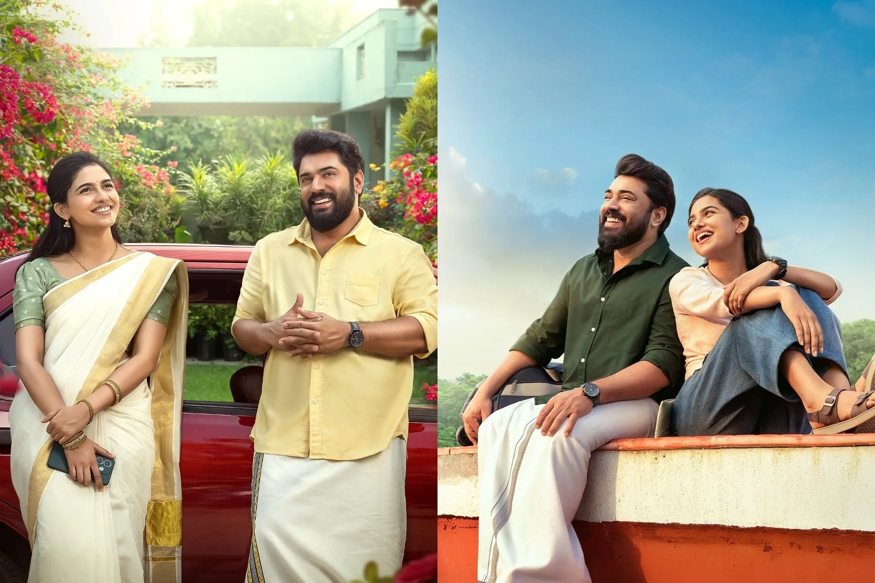 Two stills from Bethlehem Kudumba Unit: Mamitha Baiju in a cream saree and Nivin Pauly in a yellow shirt beside a red car, and the pair laughing on a rooftop ledge under a blue sky
