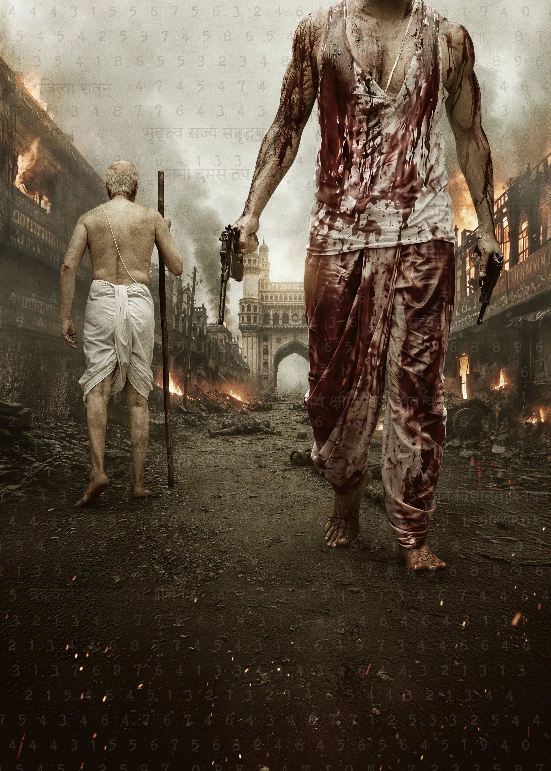 Fauzi poster with a bloodied Prabhas walking barefoot through a ruined street, the Charminar in the distance