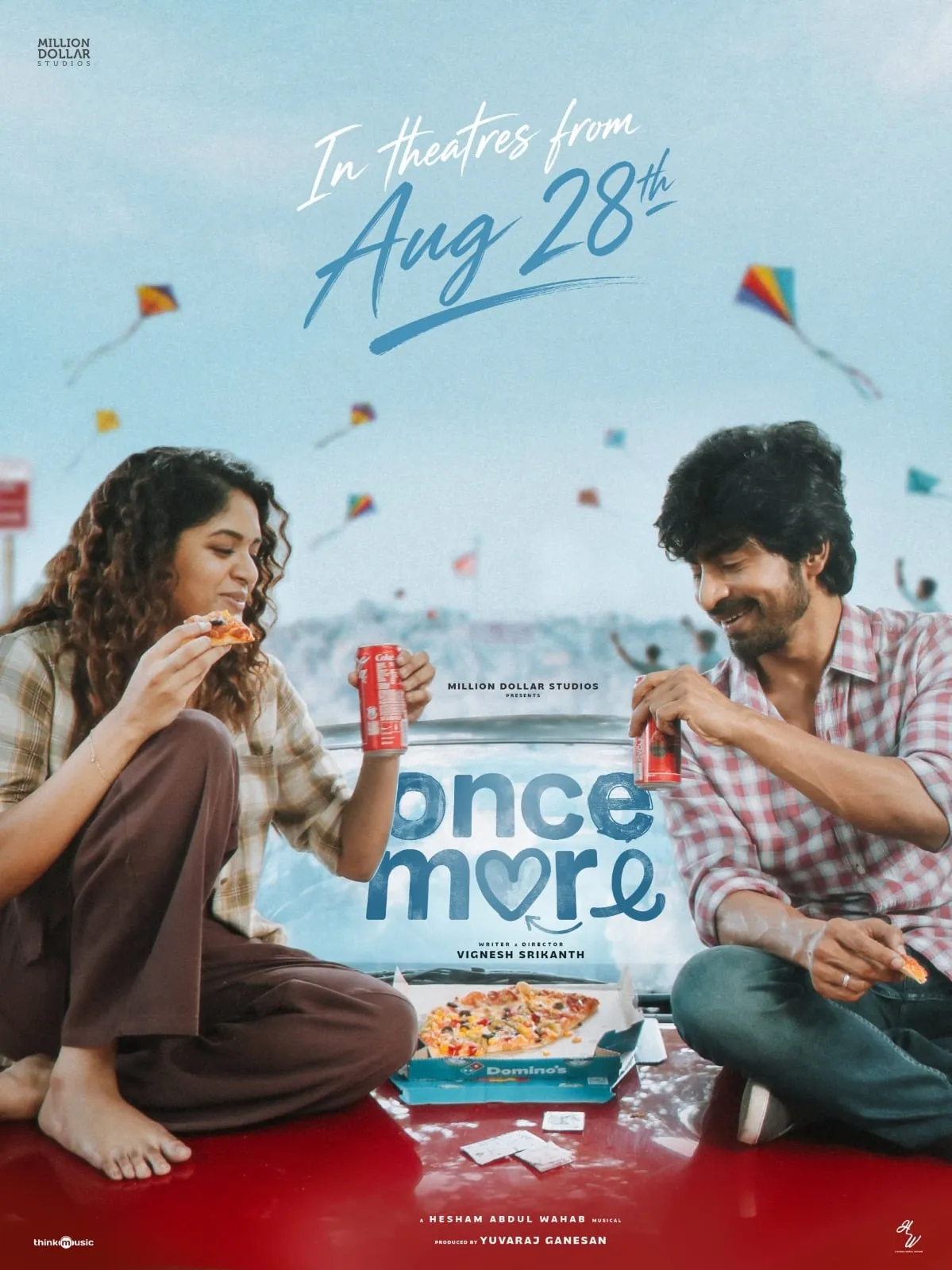 Once More release date poster with Arjun Das and Aditi Shankar sharing pizza on a car bonnet
