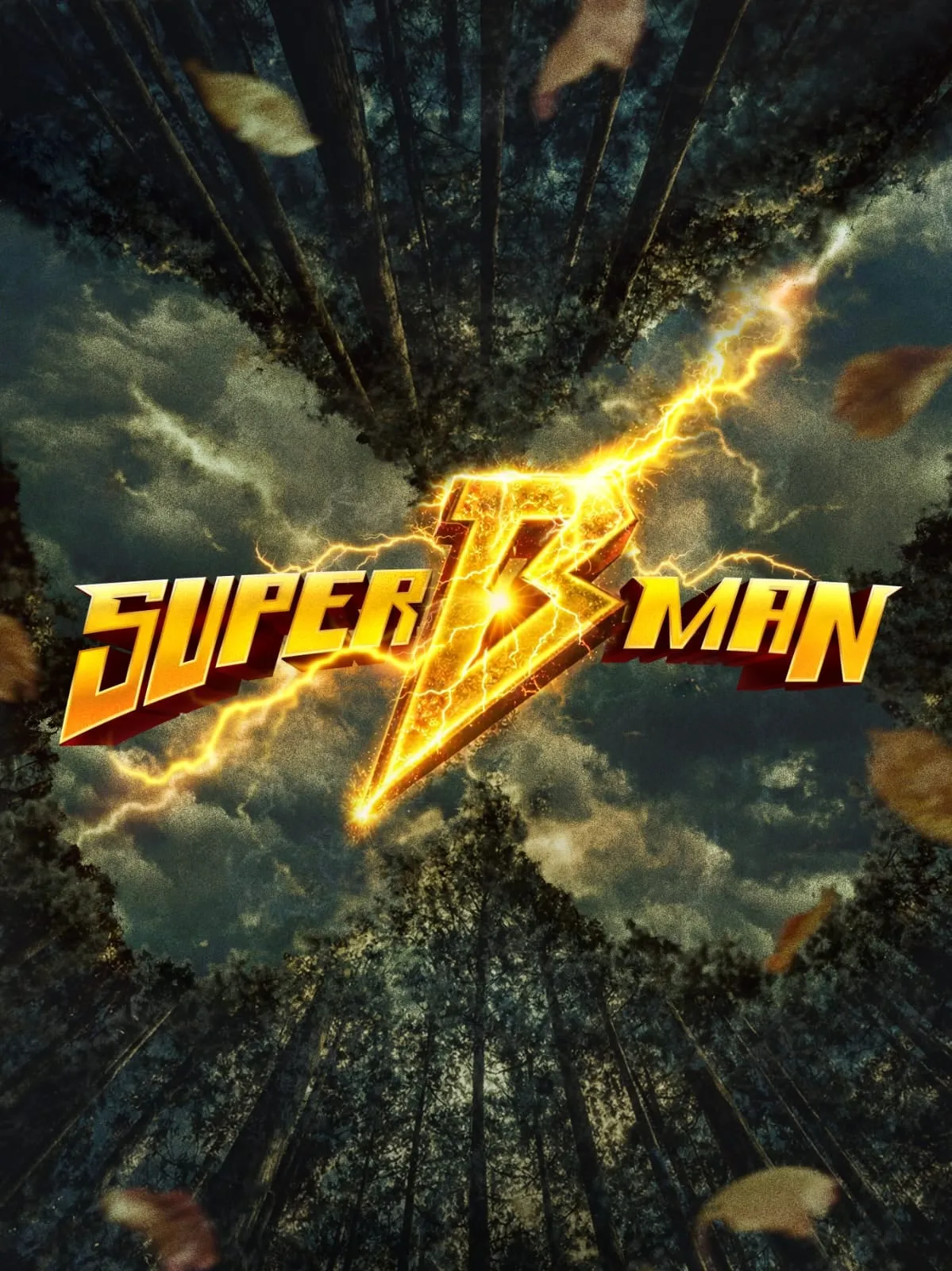 Super B Man first look poster with a lightning-bolt logo over a forest canopy