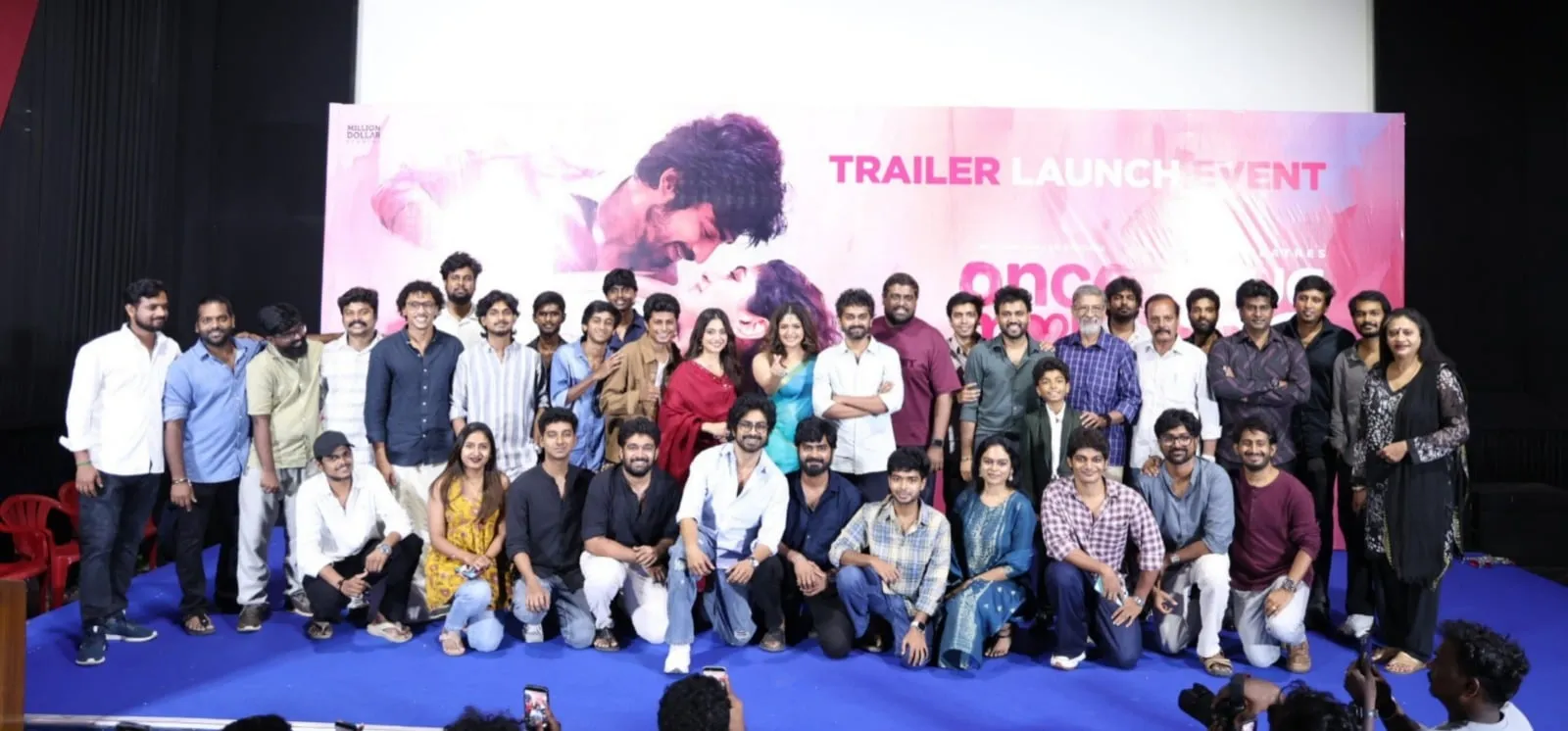 The Once More cast and crew on stage at the trailer launch