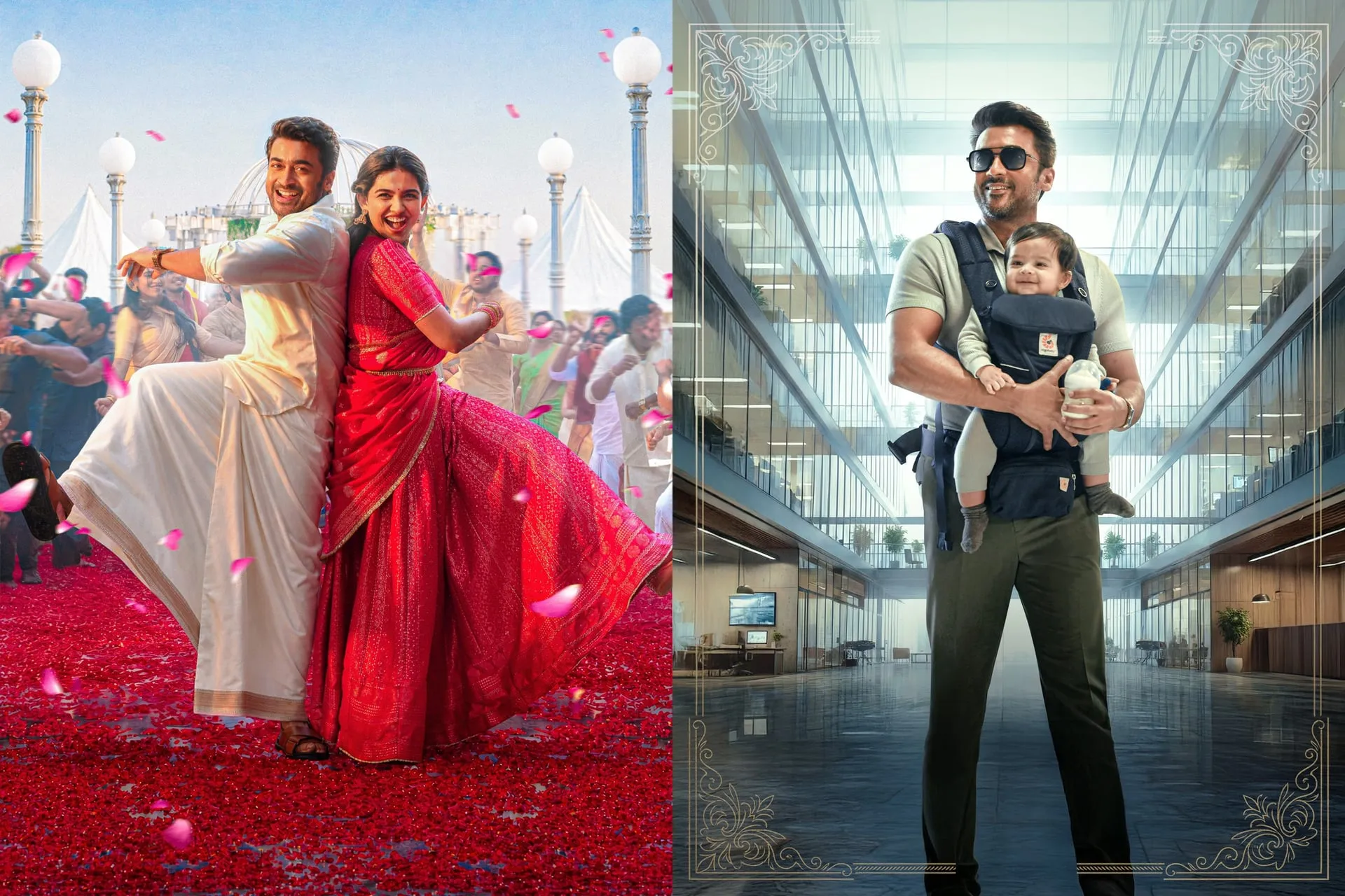Two stills side by side: Suriya and Mamitha Baiju dancing back to back over a carpet of red petals, and Suriya carrying an infant in a sling through an office atrium