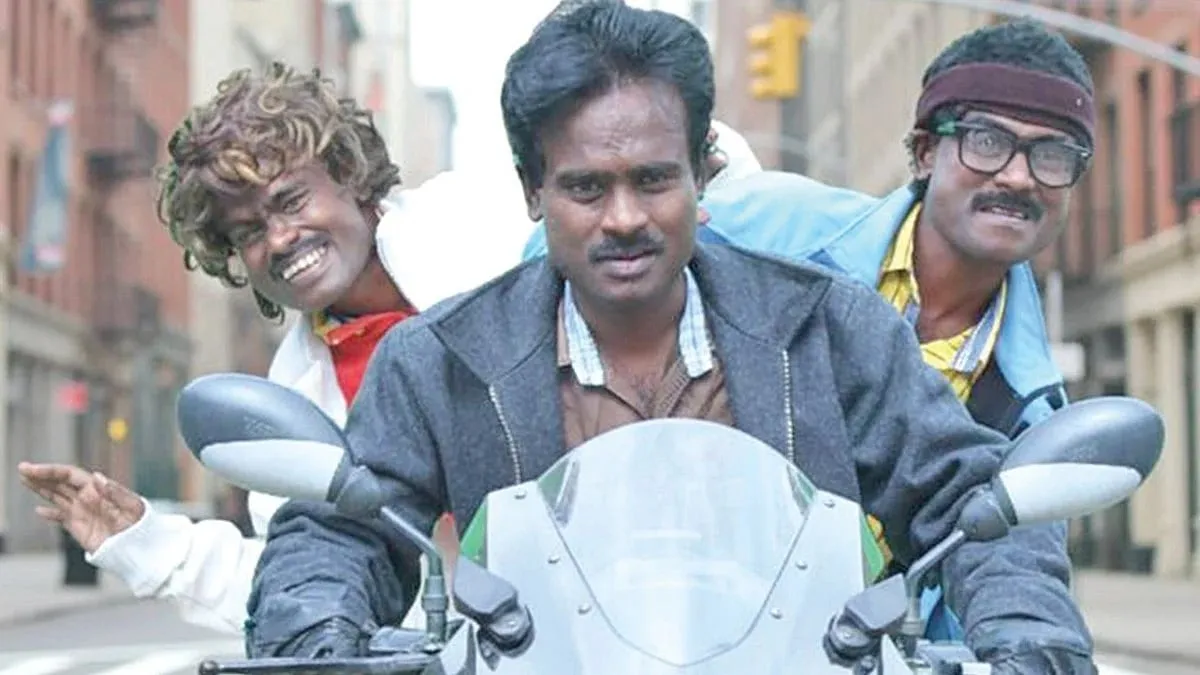Sangagiri Rajkumar as three different characters riding one bike in One Man