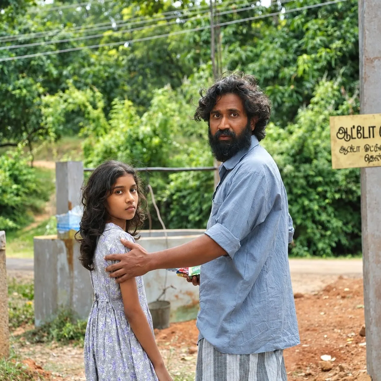 A father rests his hand on his young daughter's shoulder on a village road in a still from Thaainilam