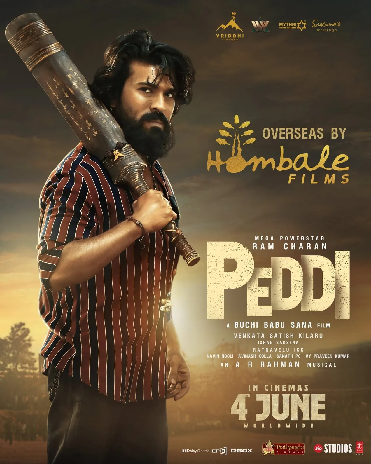 Peddi poster with Ram Charan and Hombale Films credited as overseas distributor, June 4 release date.