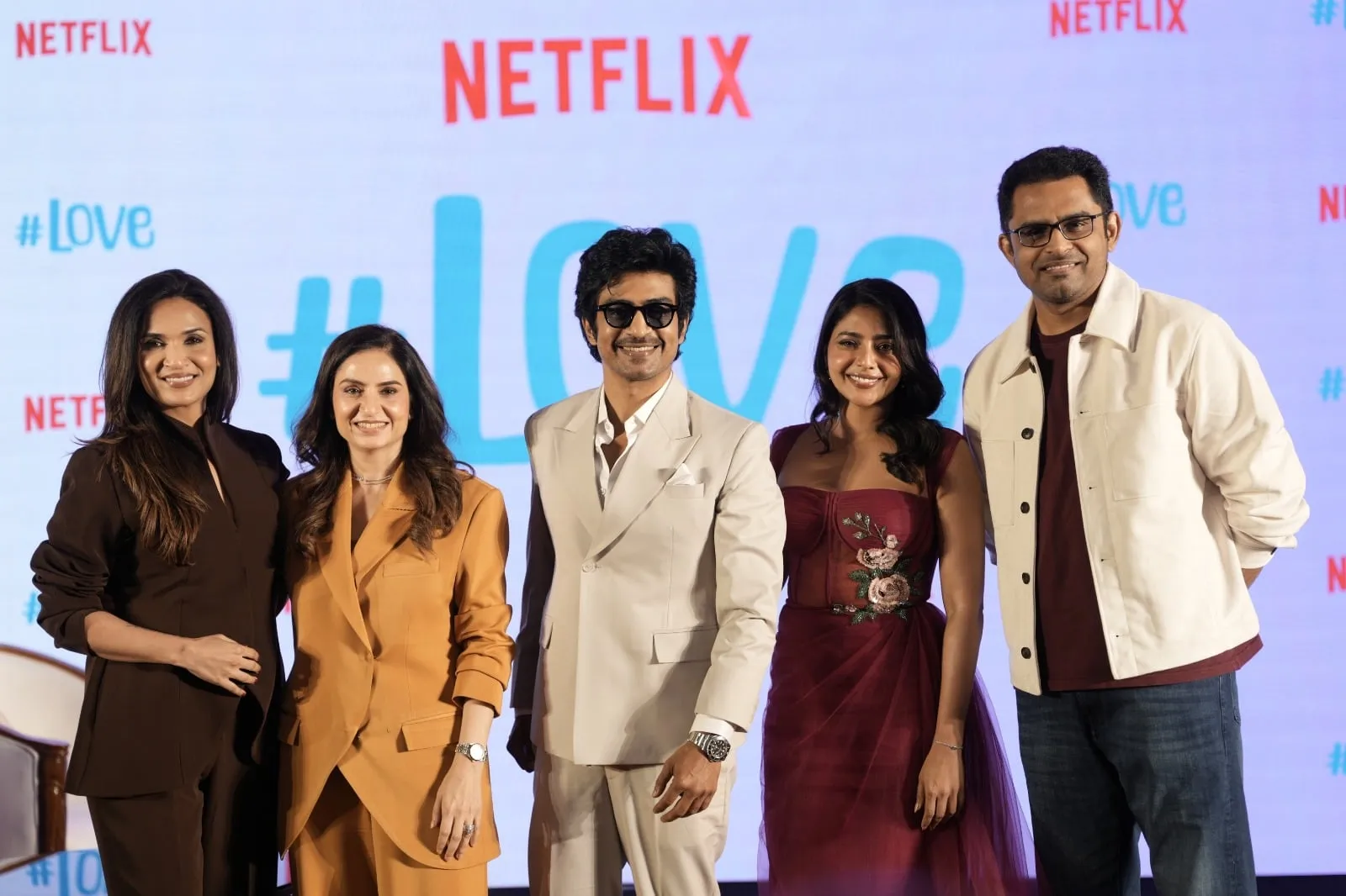 Soundarya Rajinikanth, Monika Shergill, Arjun Das, Aishwarya Lekshmi and Balaji Mohan onstage at the #Love trailer launch in Chennai