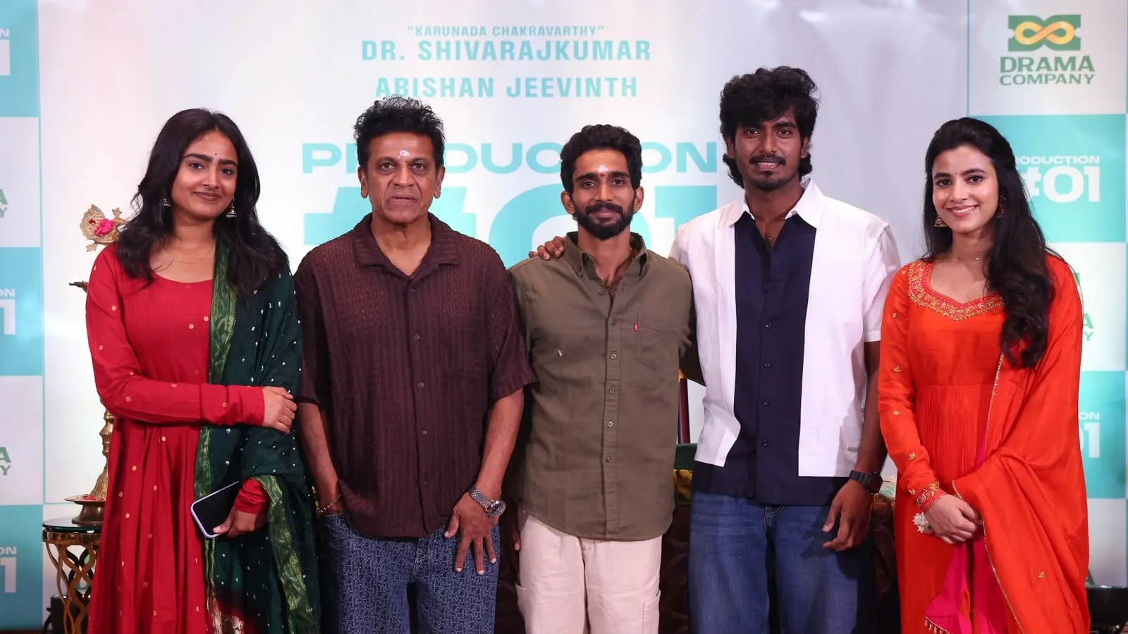 Shivarajkumar, Abishan Jeevinth and the cast at the launch of Drama Company's first production