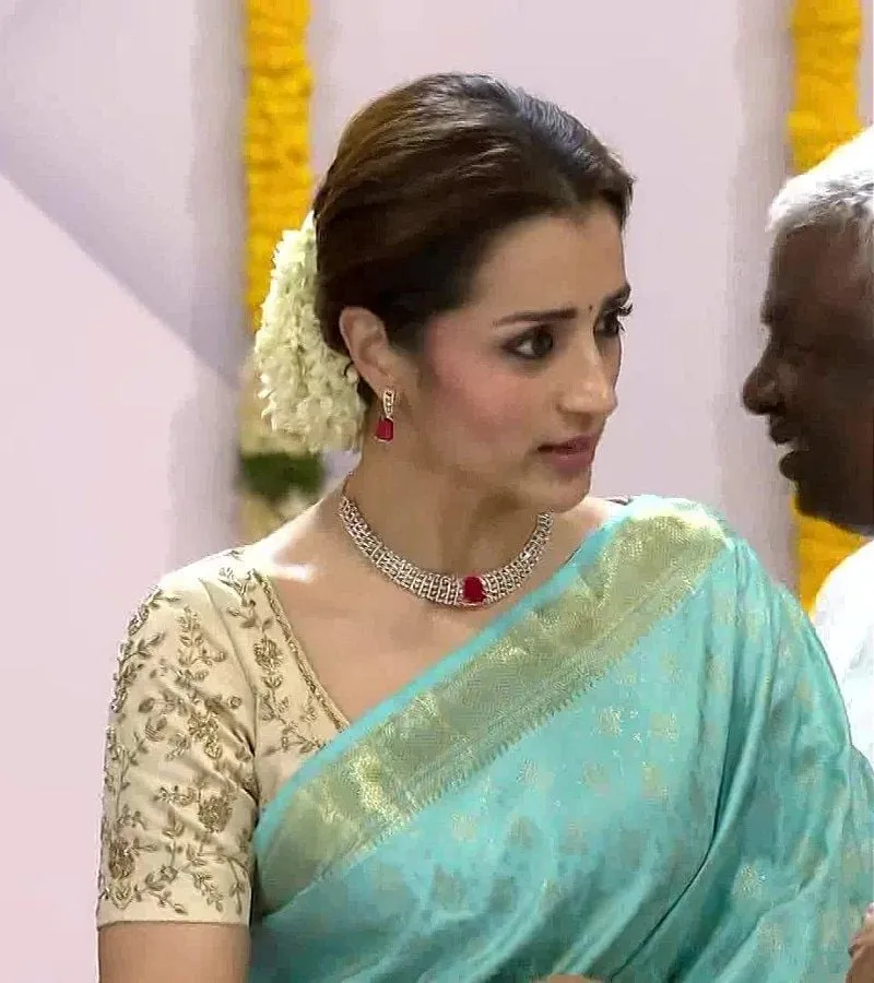 Trisha Krishnan in a pastel blue silk saree with a gold embroidered blouse, photographed at Vijay's swearing-in