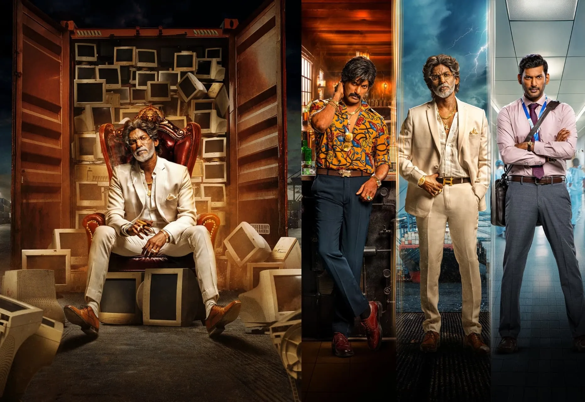 Two stills side by side: a silver-bearded Vishal as the aged don Linga seated on a red chair inside a shipping container stacked with old monitors, and a triptych of Vishal's three looks in Magudam