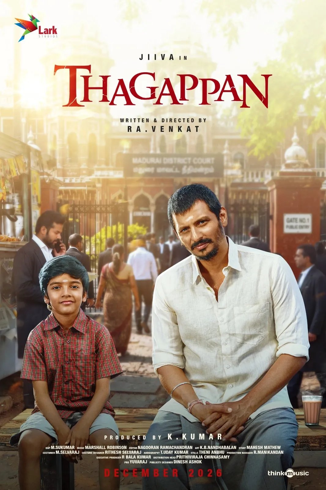 Thagappan first look poster with Jiiva and a young boy seated outside the Madurai District Court
