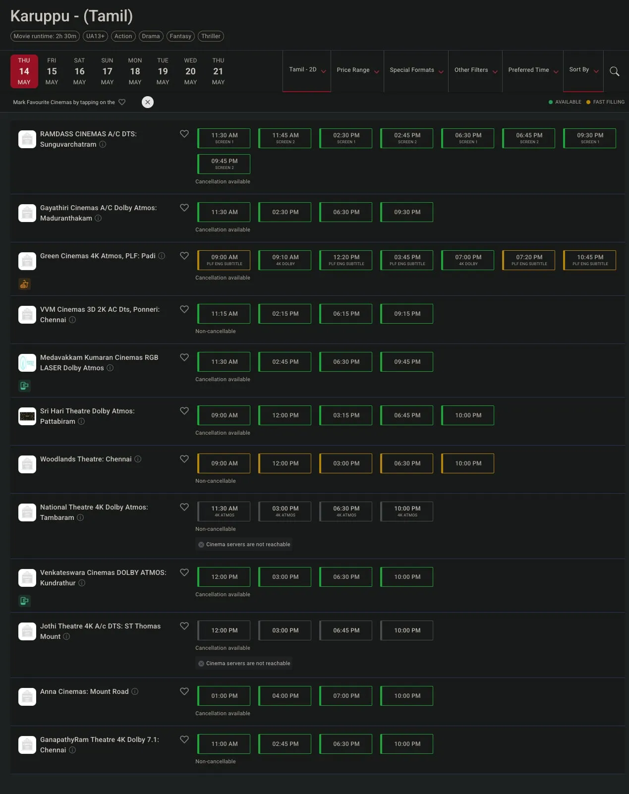 BookMyShow listings page for Karuppu (Tamil) on the night of May 13, showing only standalone single-screen theatres with PVR INOX absent
