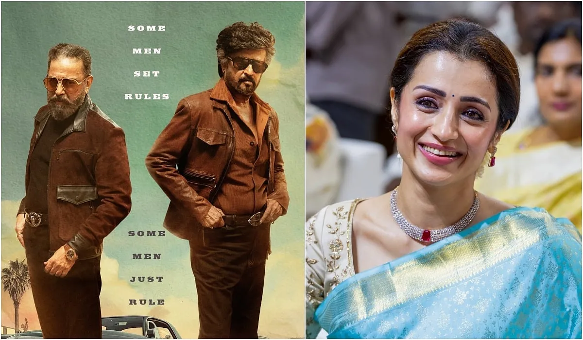 Split frame: Kamal Haasan and Rajinikanth in retro looks on the KHxRK announcement poster on the left, alongside a recent portrait of Trisha Krishnan in a blue saree on the right