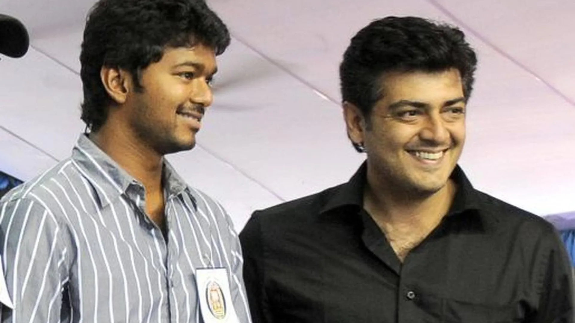 Composite of Ajith Kumar in racing gear and Vijay greeting a crowd at a TVK rally