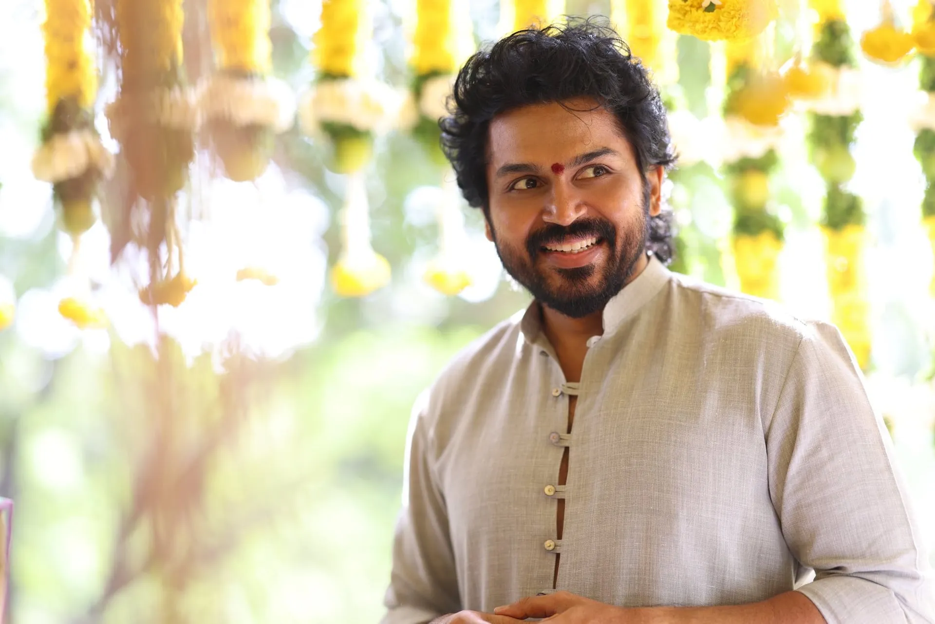 Karthi at the pooja ceremony for his 30th film, directed by Kalyan Shankar