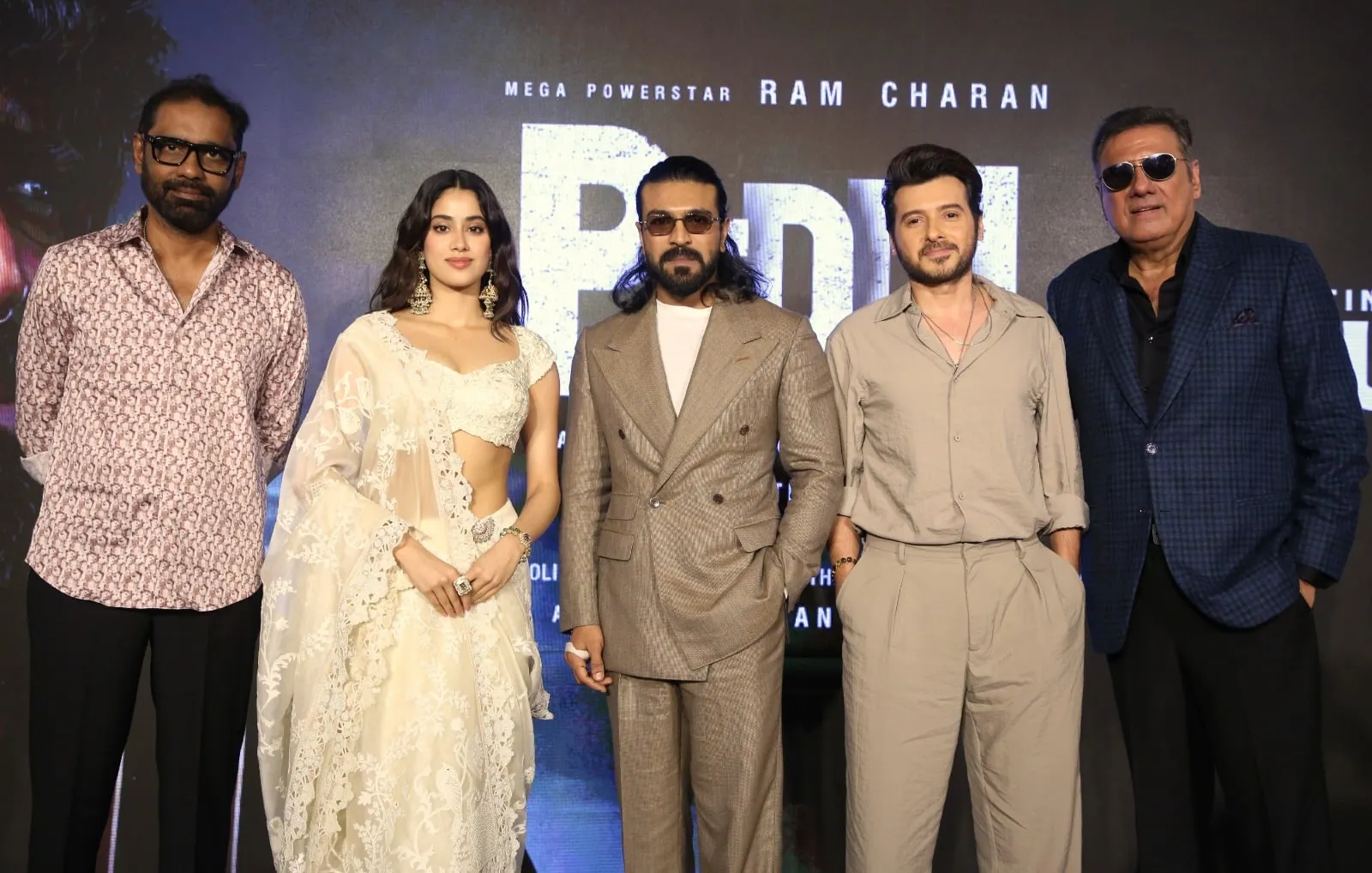 Buchi Babu Sana, Janhvi Kapoor, Ram Charan, Divyenndu Sharma and Boman Irani at a Peddi promotional event