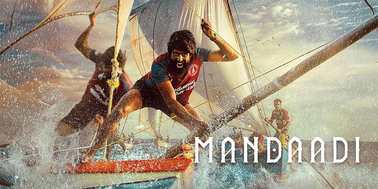 Mandaadi artwork showing Soori gripping the rigging of a racing sailboat as seawater sprays across the bow
