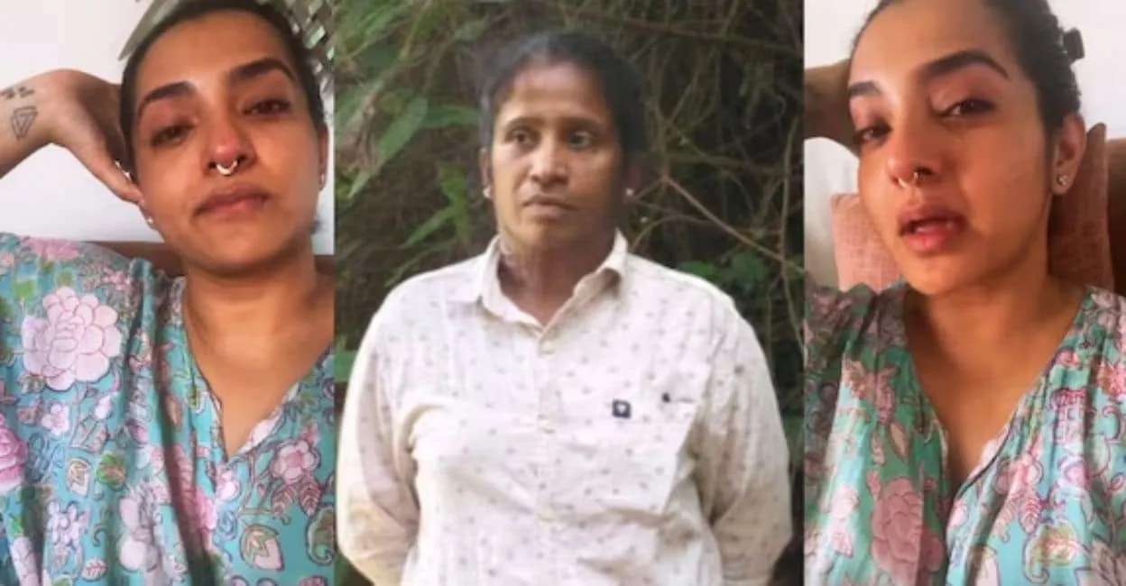 Parvathy Thiruvothu in tears in two frames of an Instagram video, with a portrait of dog rescuer Sunitha in the centre