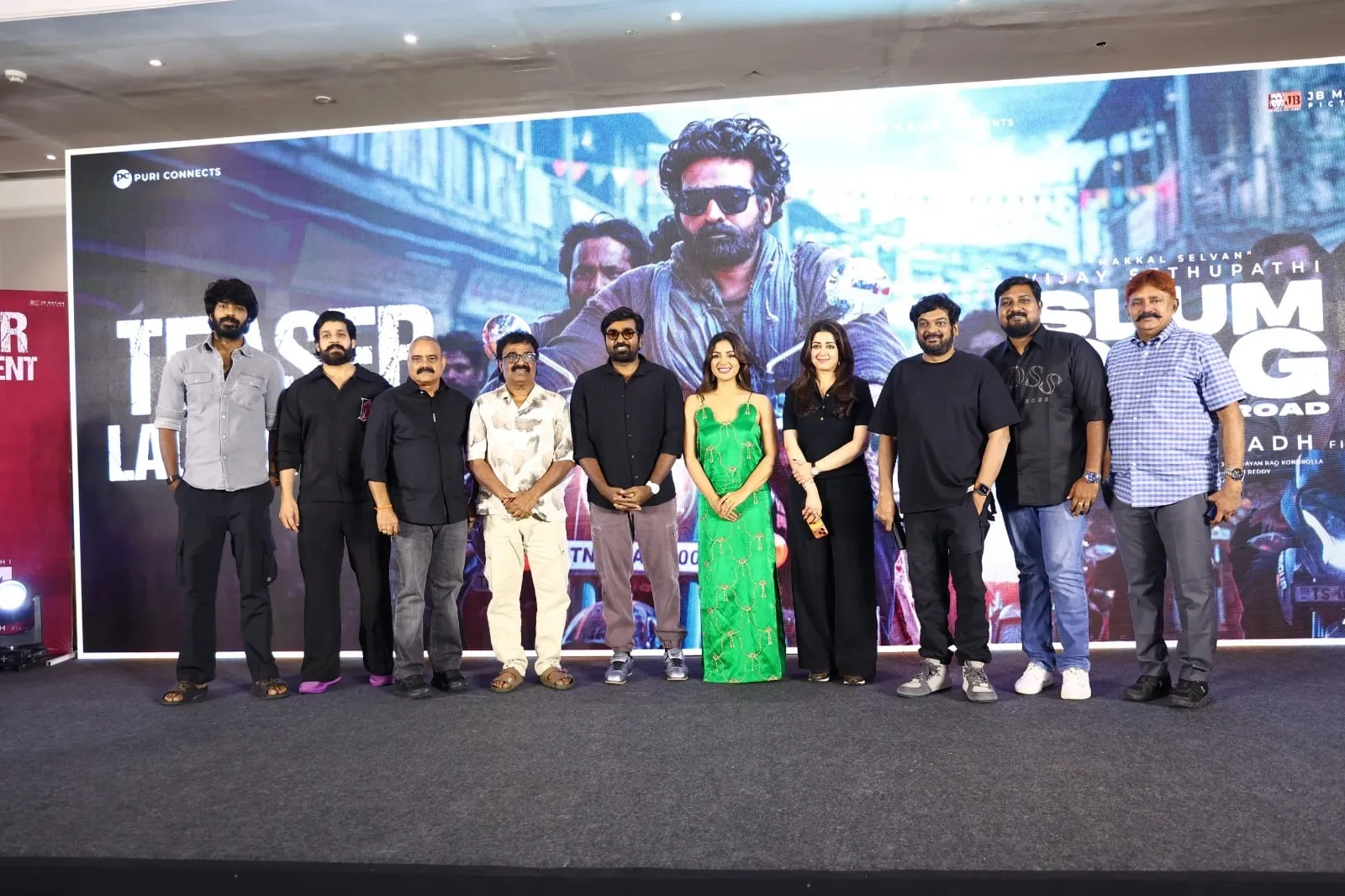 Vijay Sethupathi, Puri Jagannadh, Charmme Kaur and the Slumdog 33 Temple Road team at the teaser launch in Chennai