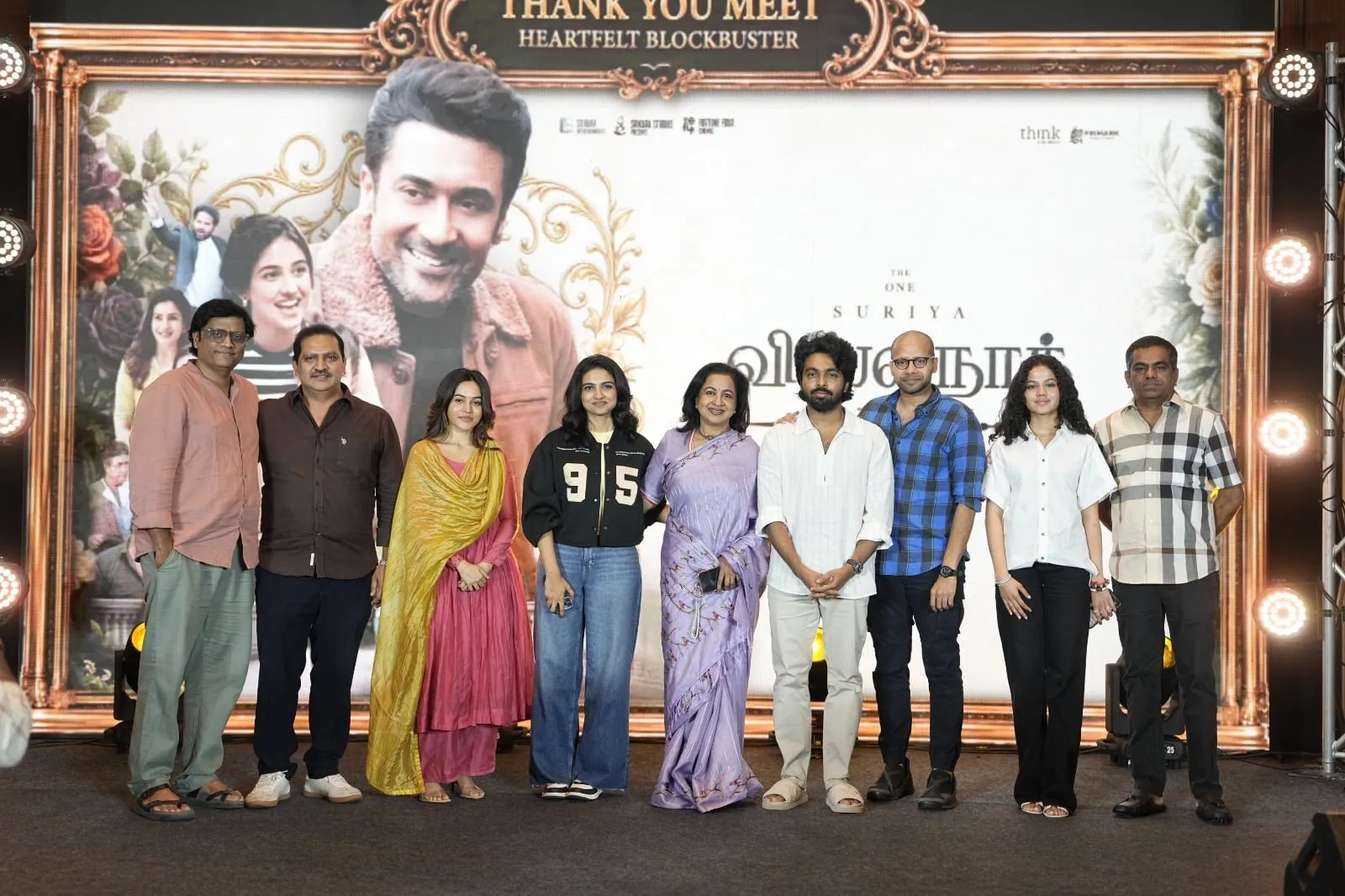 The Vishwanath & Sons team with Radhika Sarathkumar, Mamitha Baiju, G.V. Prakash Kumar and Venky Atluri on stage at the film's success celebration in Chennai