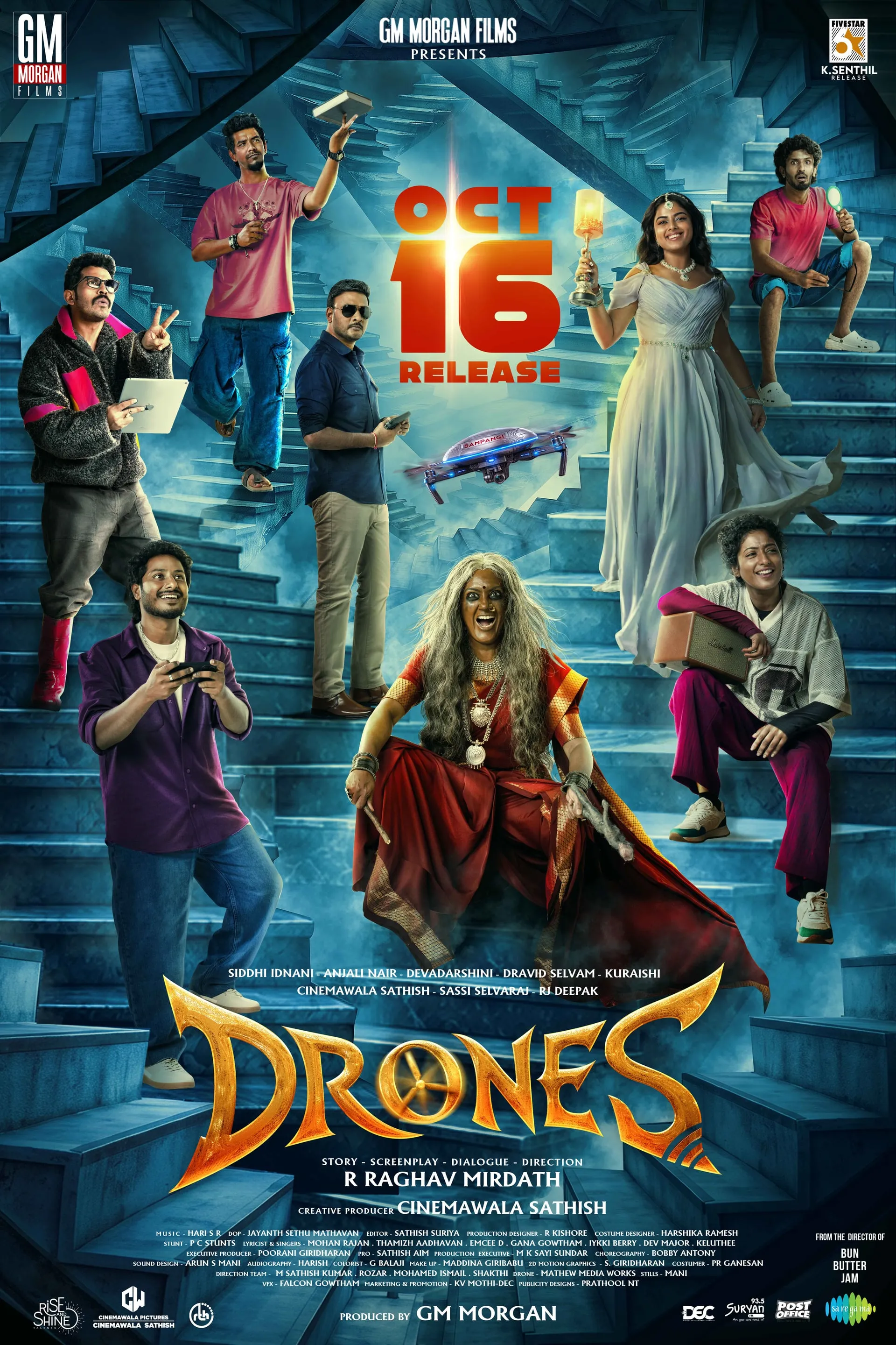 Drones ensemble release poster with its characters on blue staircases around the October 16 date