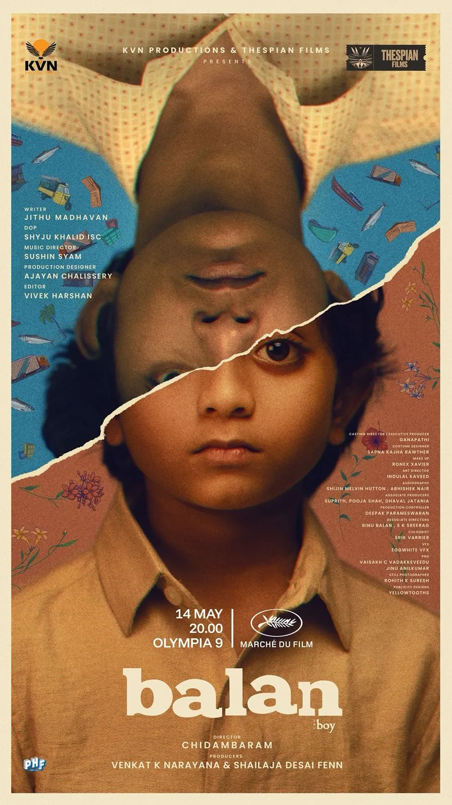 Poster of Balan: The Boy by Chidambaram, with a child's face split across a torn-paper composition and a Marché du Film badge