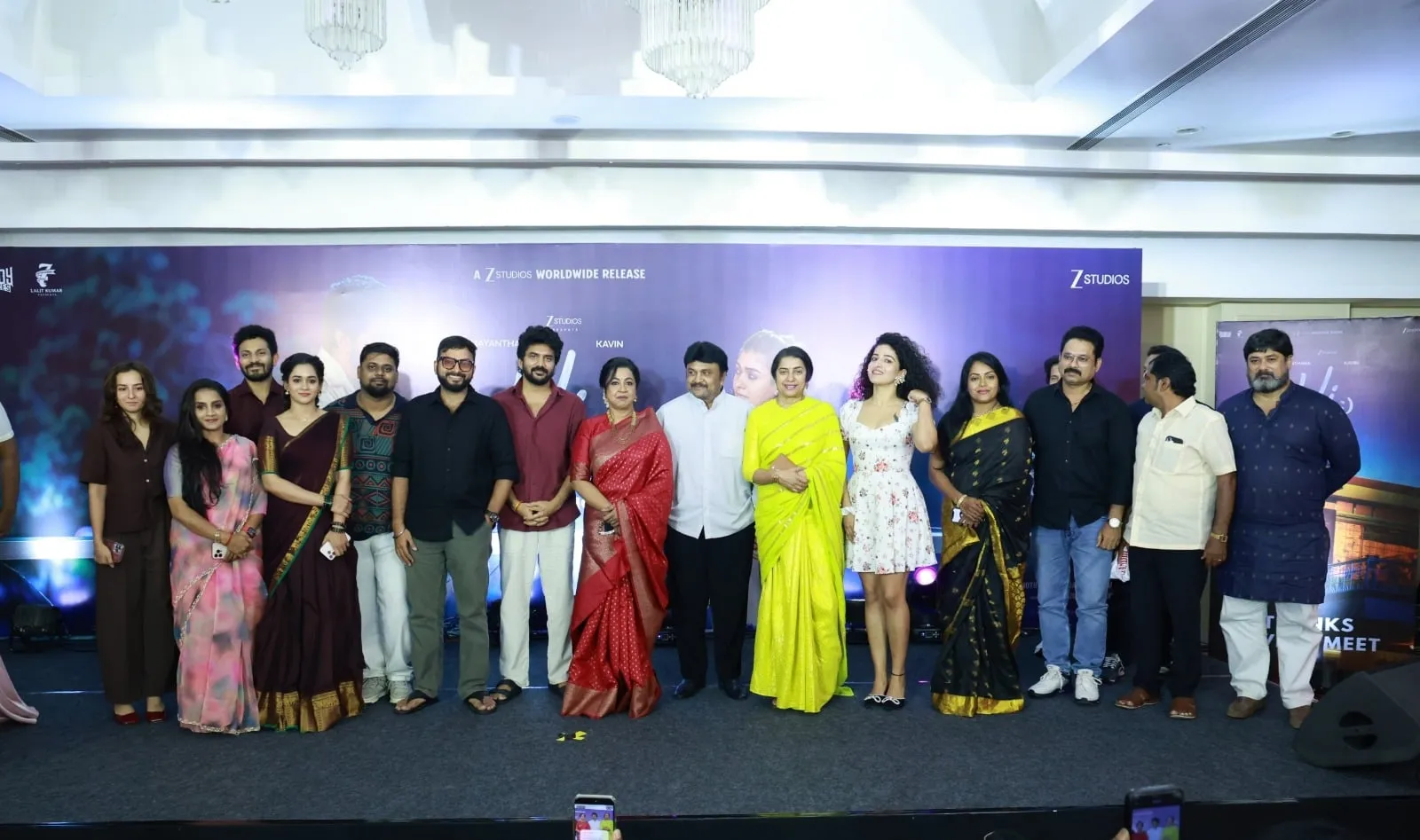 The Hi cast and crew, with Kavin, Radikaa Sarathkumar, Prabhu and Suhasini at the centre, onstage at the film's thanksgiving gathering in Chennai