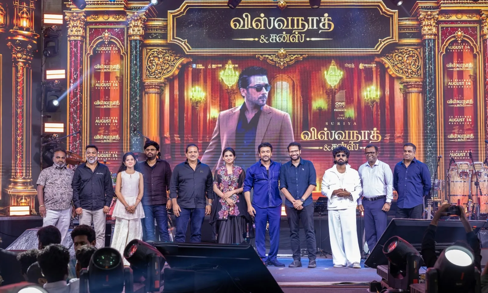 Suriya, Mamitha Baiju, GV Prakash Kumar, Venky Atluri and the Vishwanath & Sons team on stage at the film's audio launch in Coimbatore