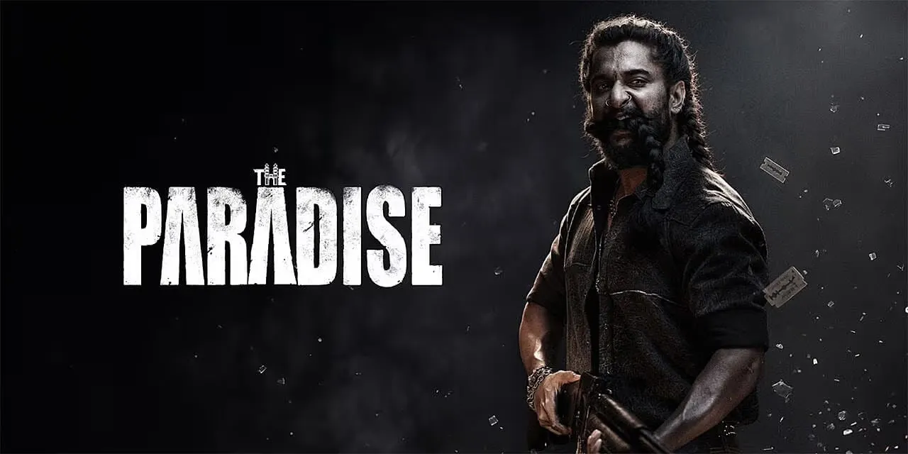 Nani as Jadal, bearded with long plaits, snarling against a dark background beside The Paradise title