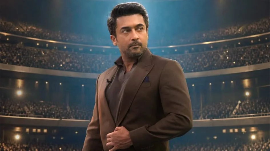 Suriya in a brown suit standing before a packed auditorium on the Vishwanath & Sons release poster