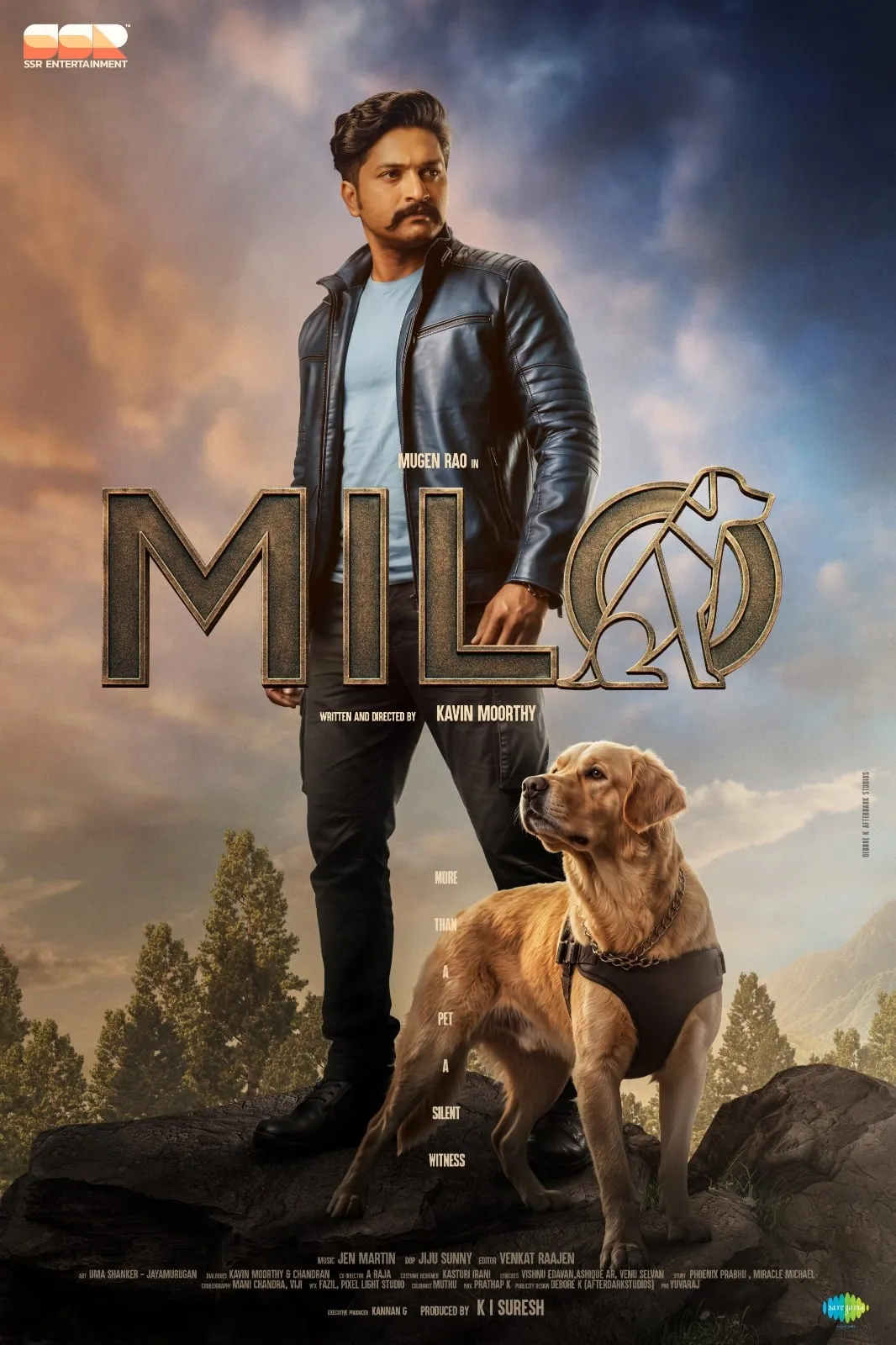 Mugen Rao in a blue leather jacket beside a golden-coloured dog in the Milo first-look poster