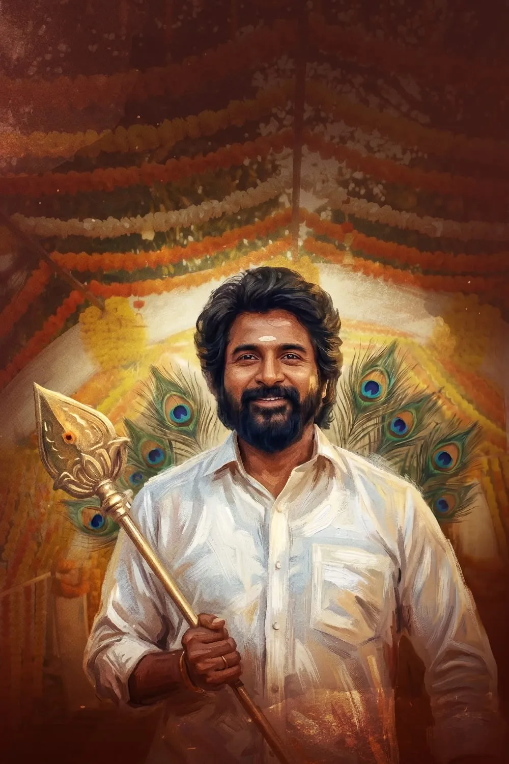 Illustrated portrait of Sivakarthikeyan holding a golden vel with peacock feathers fanned out behind him for the Velum Mayilum single.