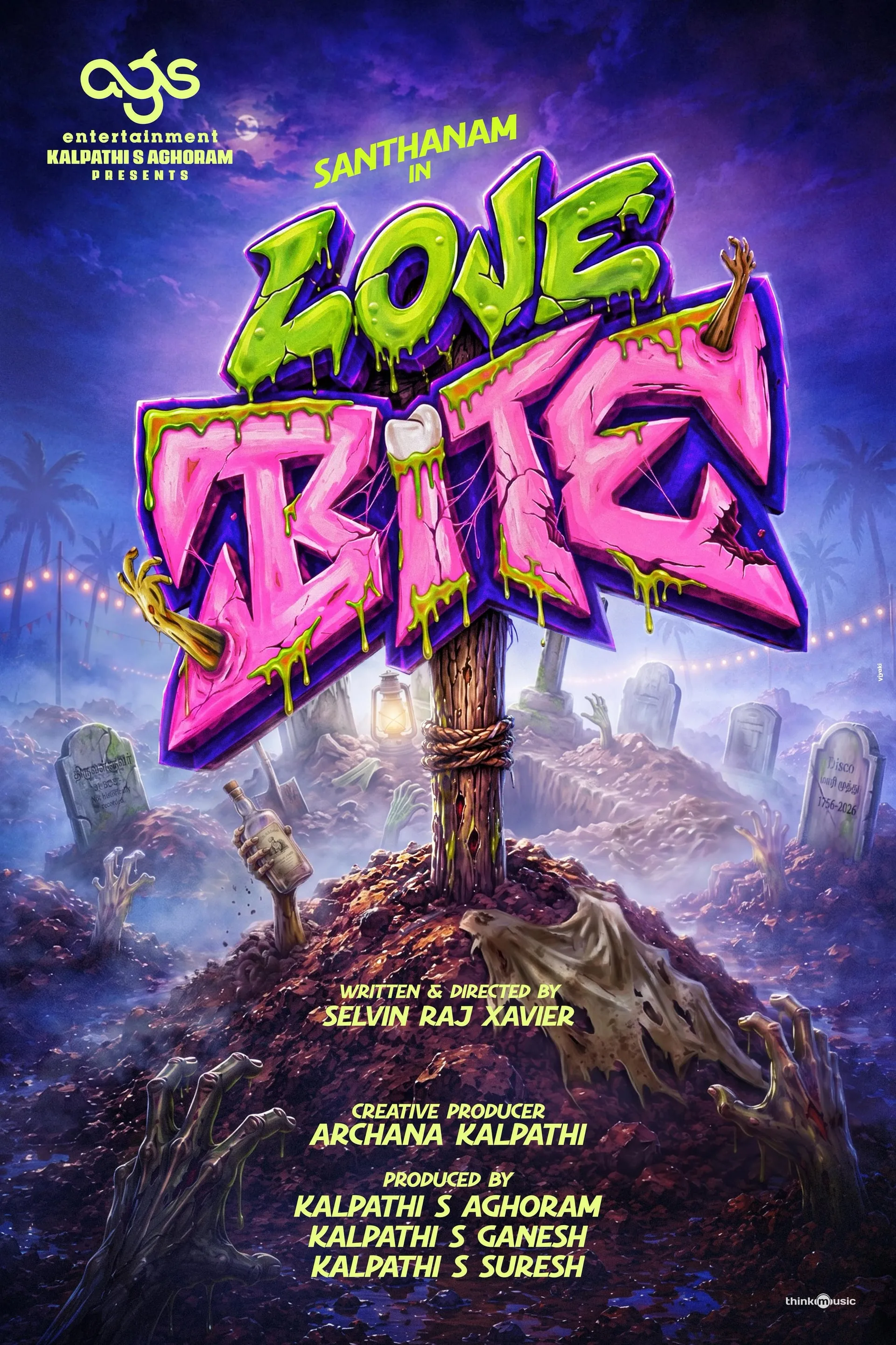 Title poster for Love Bite, a graveyard scene with a slime-dripping graffiti logo above tombstones and bottles