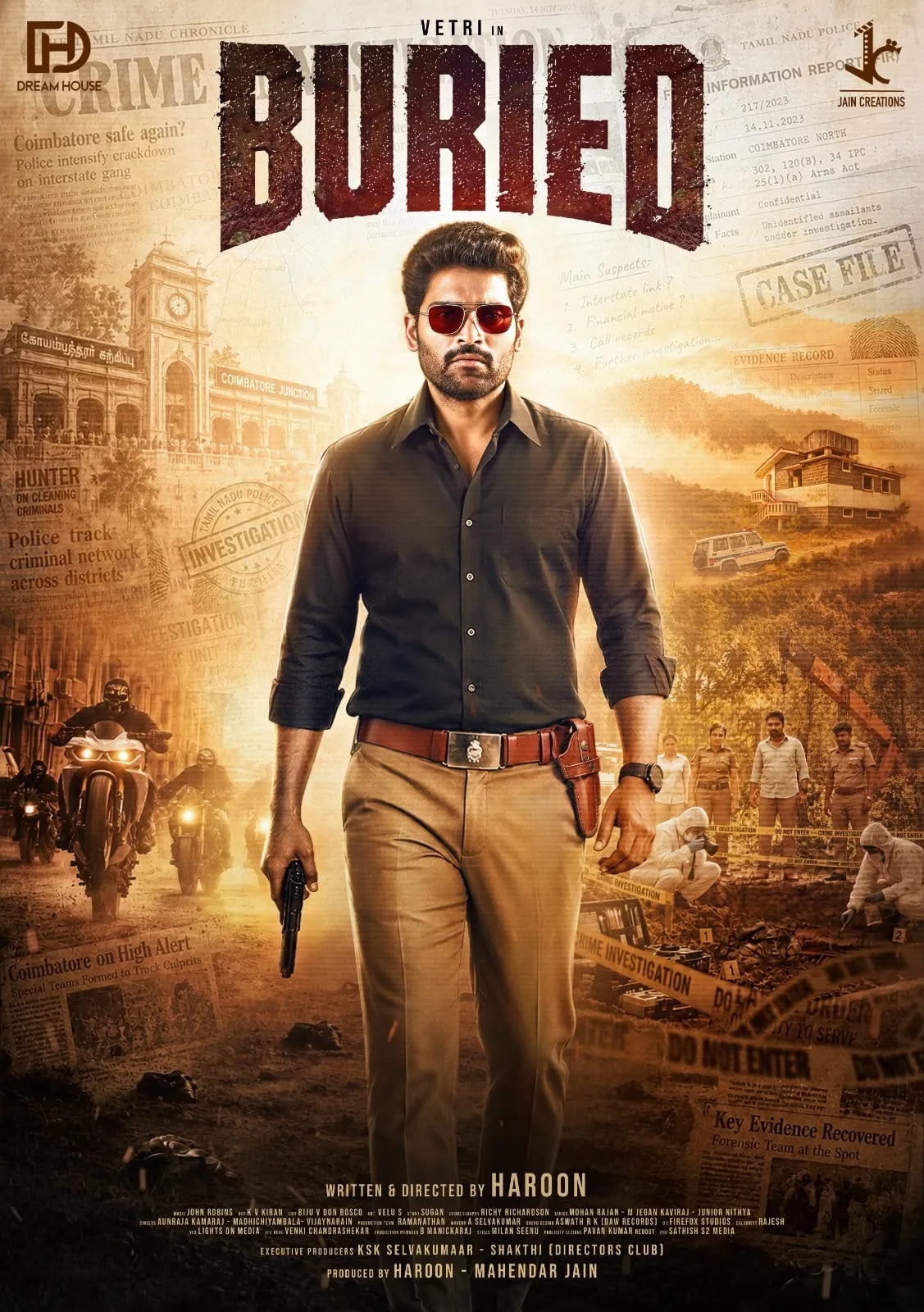 Buried first look poster showing Vetri as a police officer holding a pistol, with Coimbatore landmarks, crime-scene tape and newspaper headlines behind him