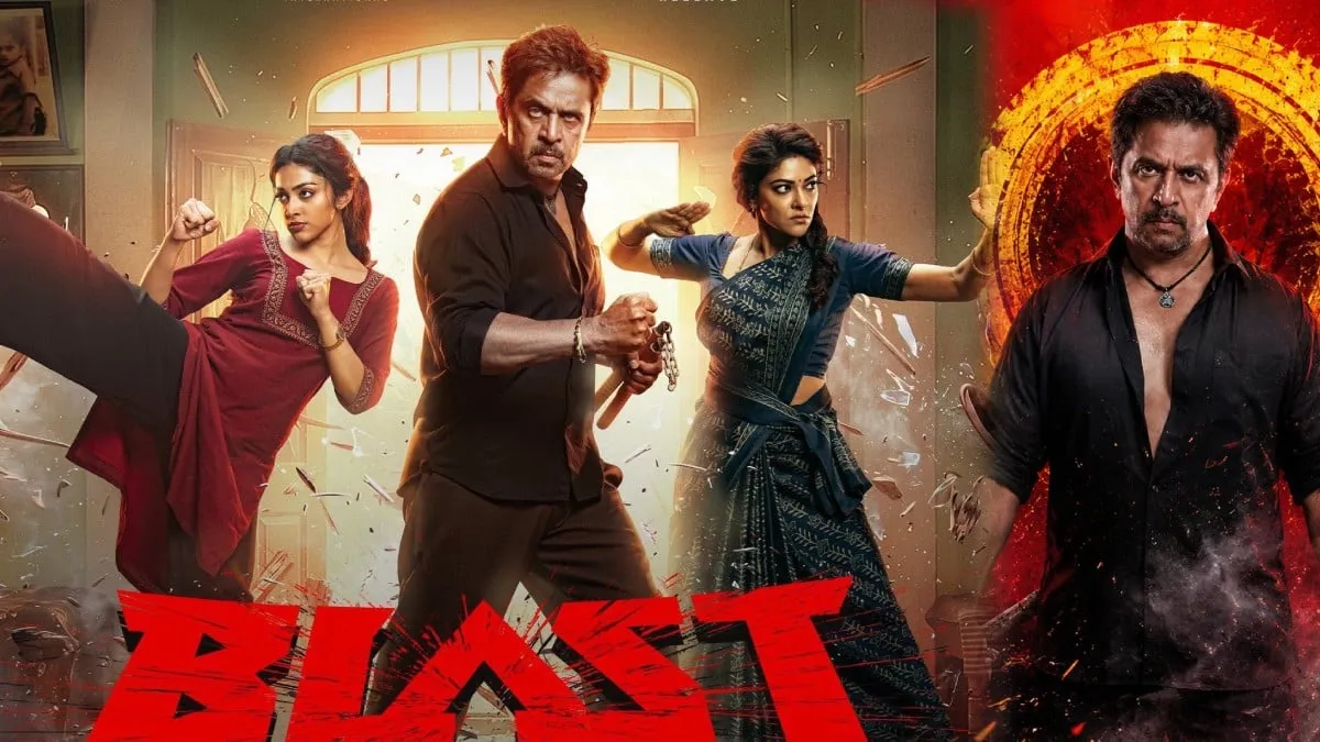 Arjun in the centre with Preity Mukundhan and Abhirami in mid-action poses on the Blast poster, a second menacing Arjun figure to the right