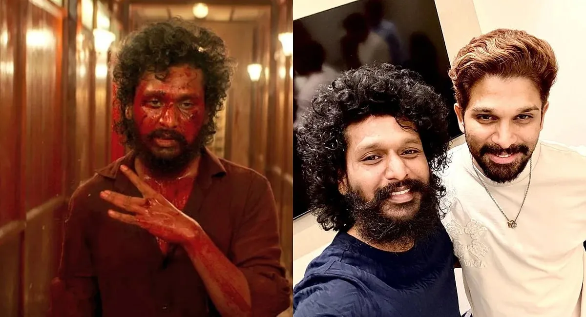 Lokesh Kanagaraj as a bloodied Devadas in a still from DC, alongside a selfie of Lokesh Kanagaraj with Allu Arjun